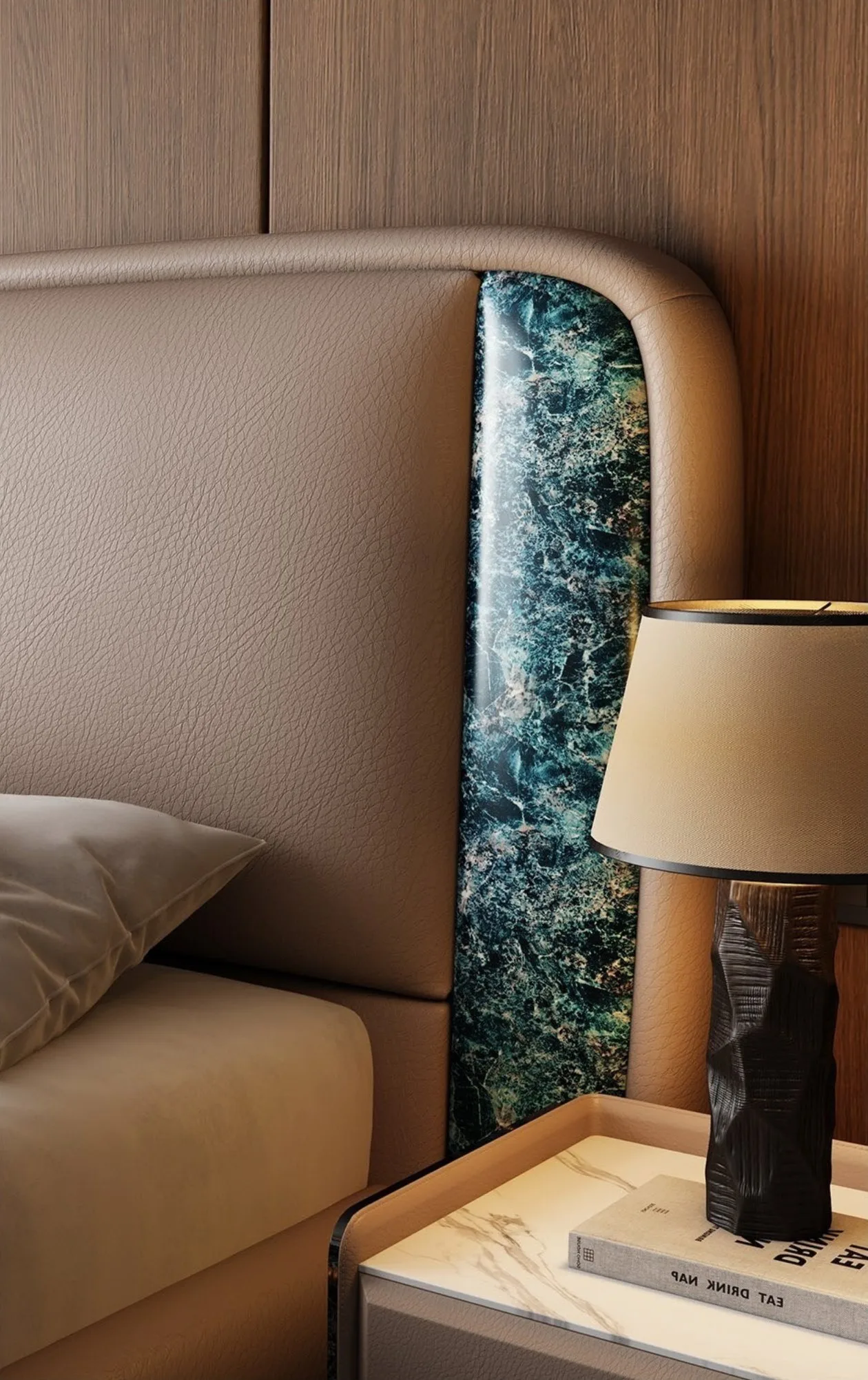 Ferozzi Biscayne Bed with Nightstands – headboard detail, 2027 Collection with walnut details