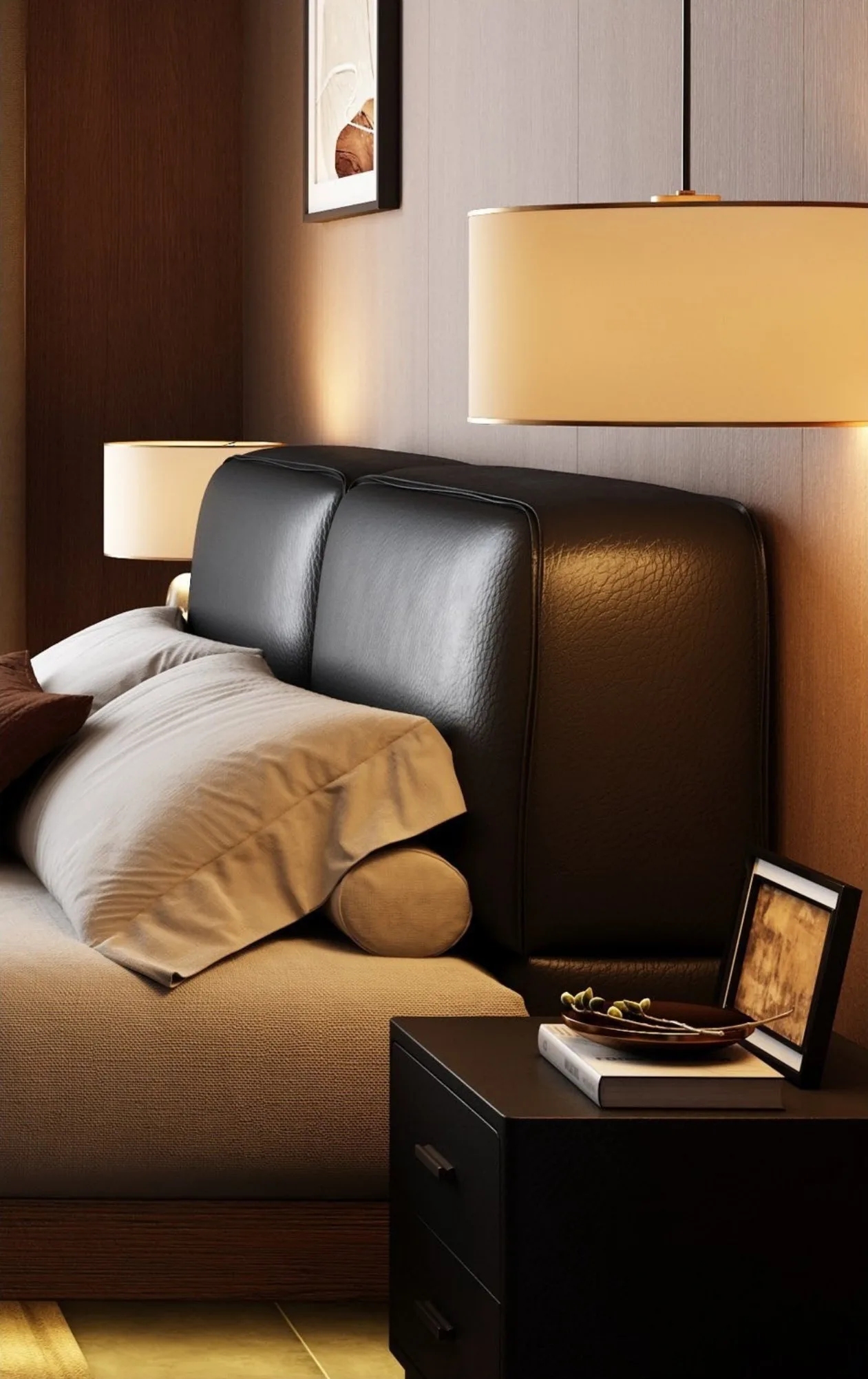 Ferozzi Brooklyn Bed with Nightstands – headboard detail, 2027 Collection with walnut details
