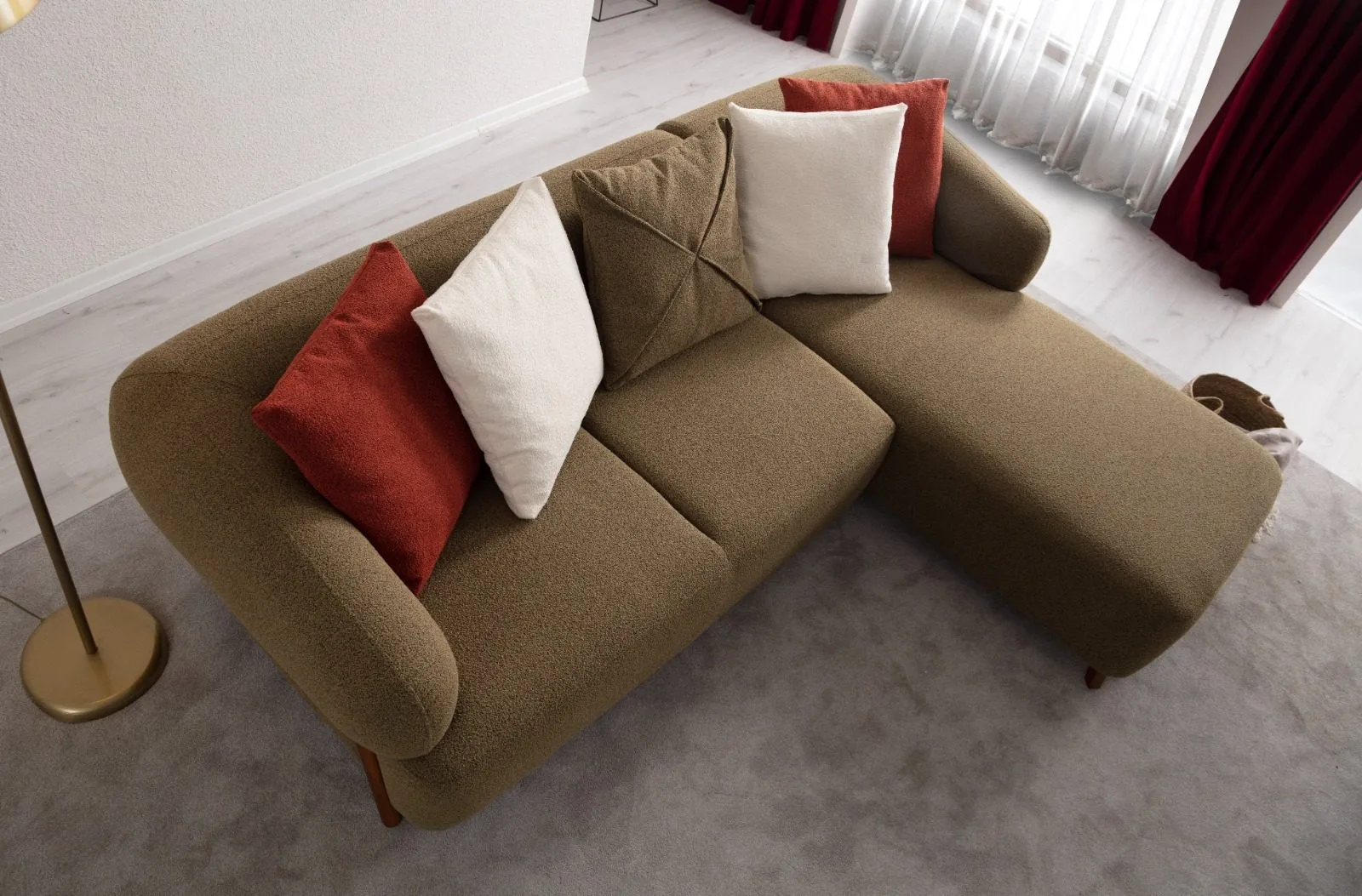 Cardea olive green chaise sectional overhead view – Ferozzi