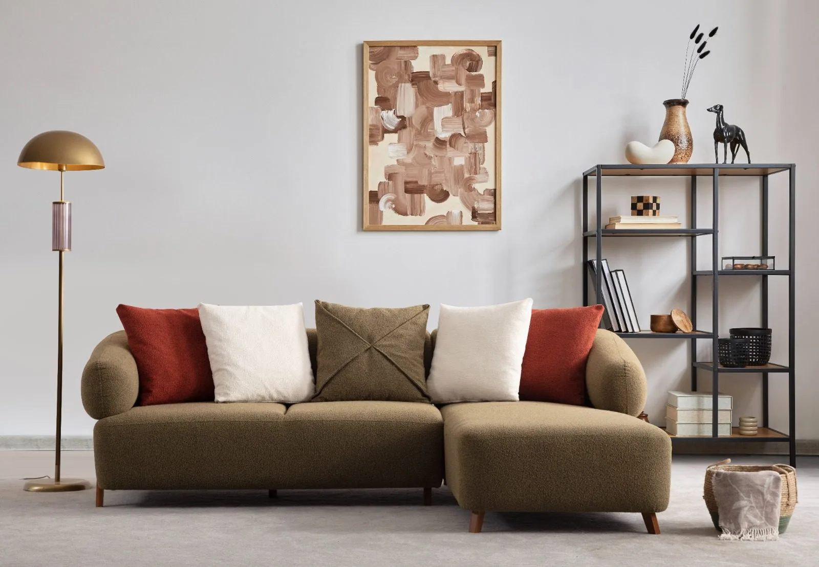 Cardea olive green chaise sectional in a styled living room with shelving – Ferozzi