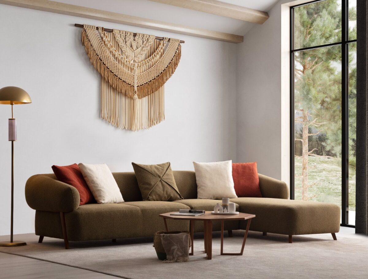 Cardea olive green sectional sofa in a modern living room with large windows – Ferozzi