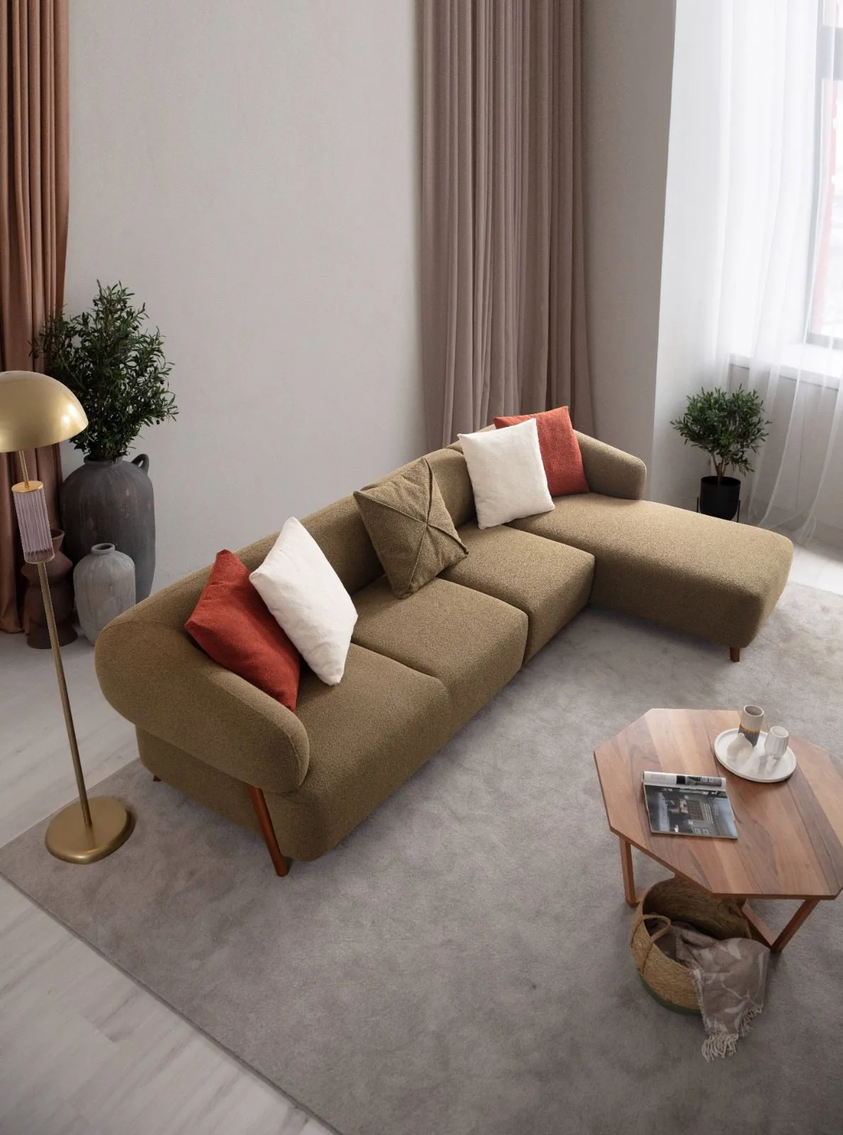 Cardea olive green sectional angled top view – Ferozzi