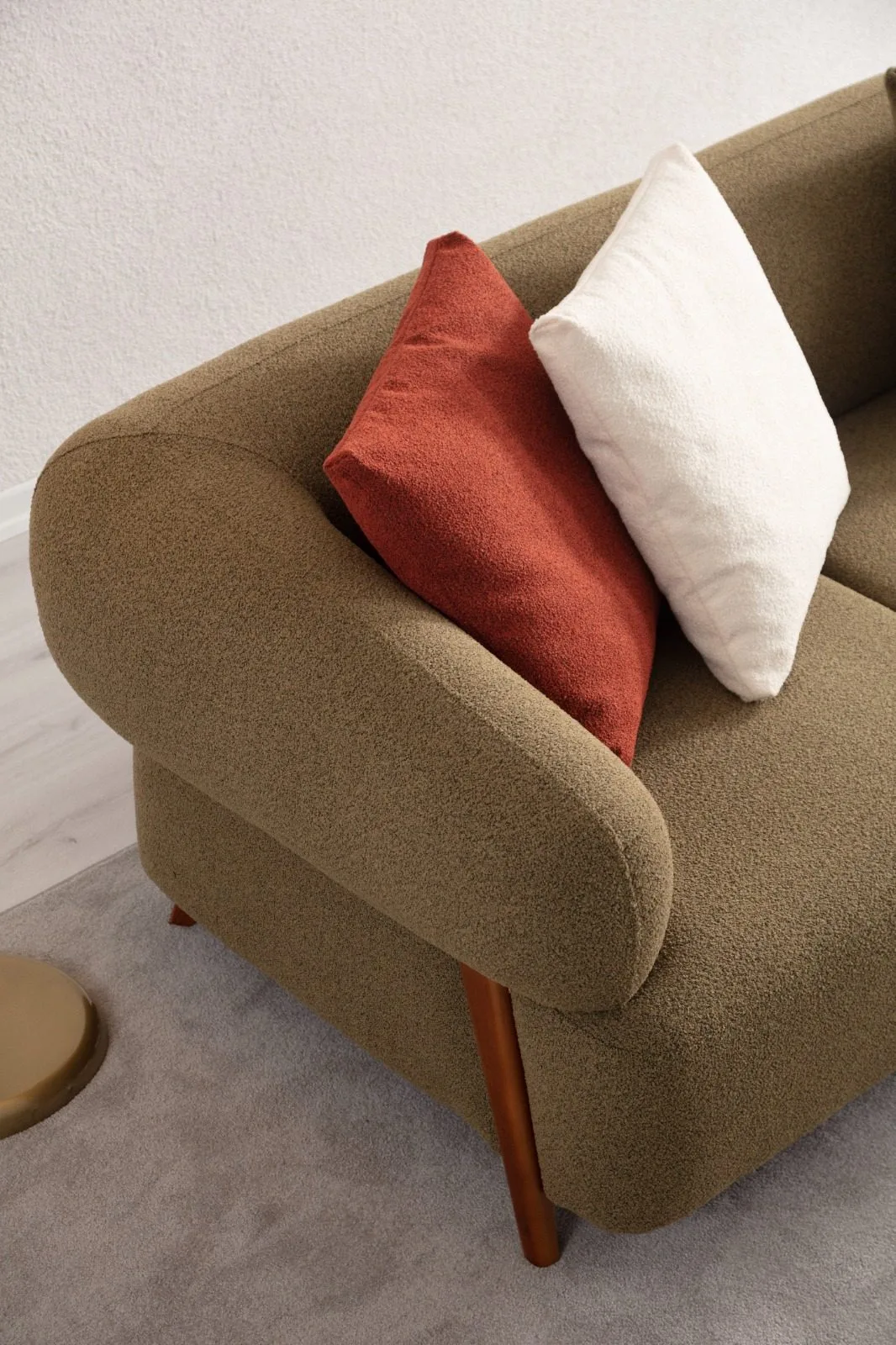 Cardea olive green sofa rounded arm and wood leg detail – Ferozzi