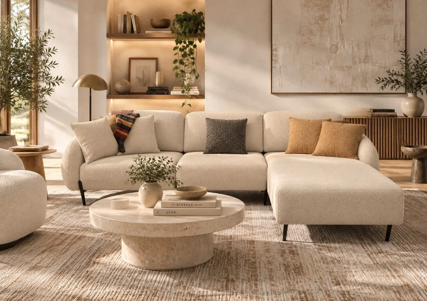 Cardea chaise sectional in cream in a warm modern living room – Ferozzi