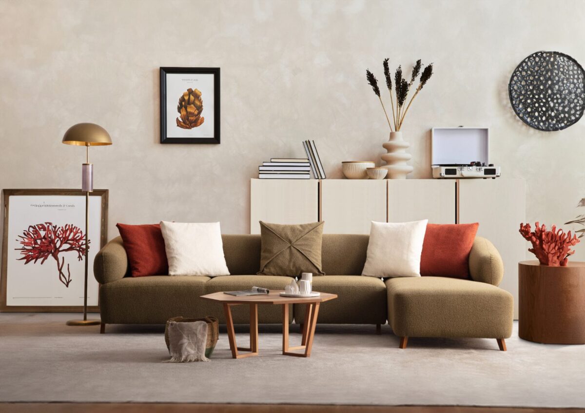 Cardea olive green chaise sectional with rounded arms in a styled living room – Ferozzi Atlanta