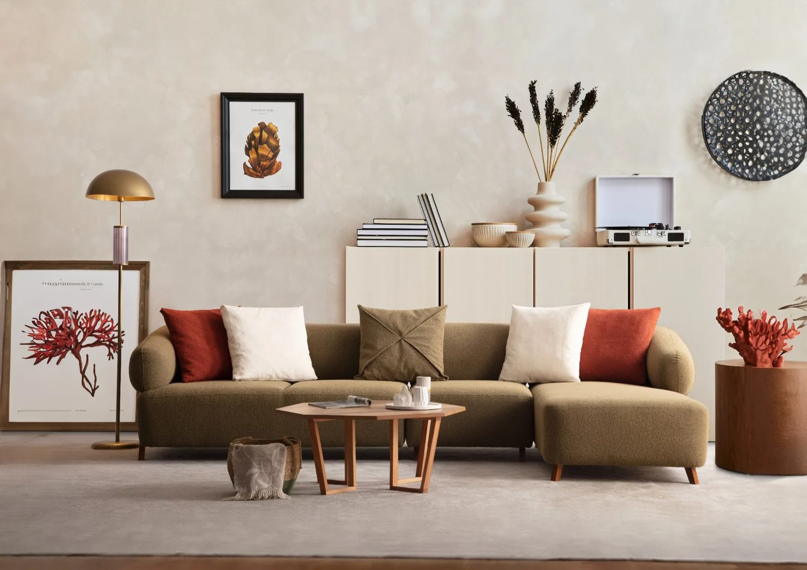 Cardea olive green chaise sectional with rounded arms in a styled living room – Ferozzi Atlanta