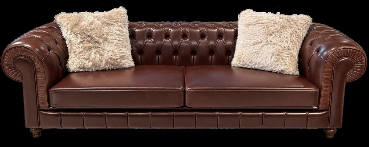 Castello button-tufted burgundy faux leather Chesterfield 3-seater sofa with rolled arms – Ferozzi furniture