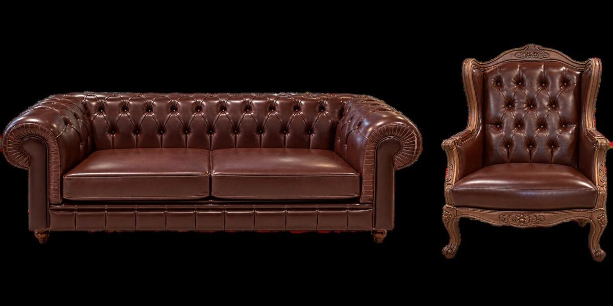 Castello burgundy faux leather Chesterfield 3-seater sofa and carved wood wingback armchair – Ferozzi Atlanta & Alpharetta