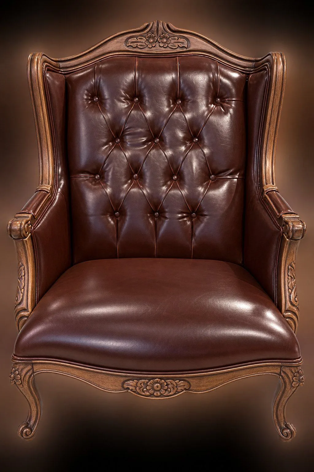 Castello button-tufted burgundy faux leather wingback armchair with hand-carved wood frame – Ferozzi furniture Atlanta