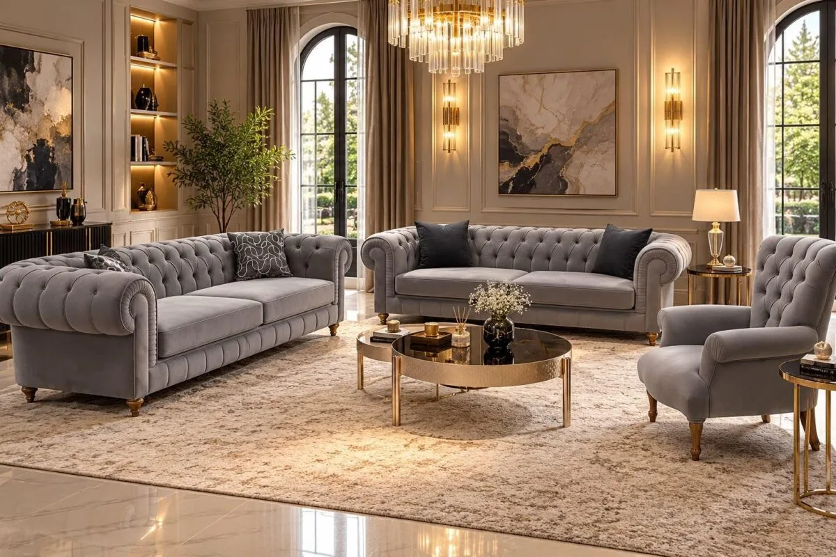 Castello gray velvet sofa set in a luxury living room — Ferozzi