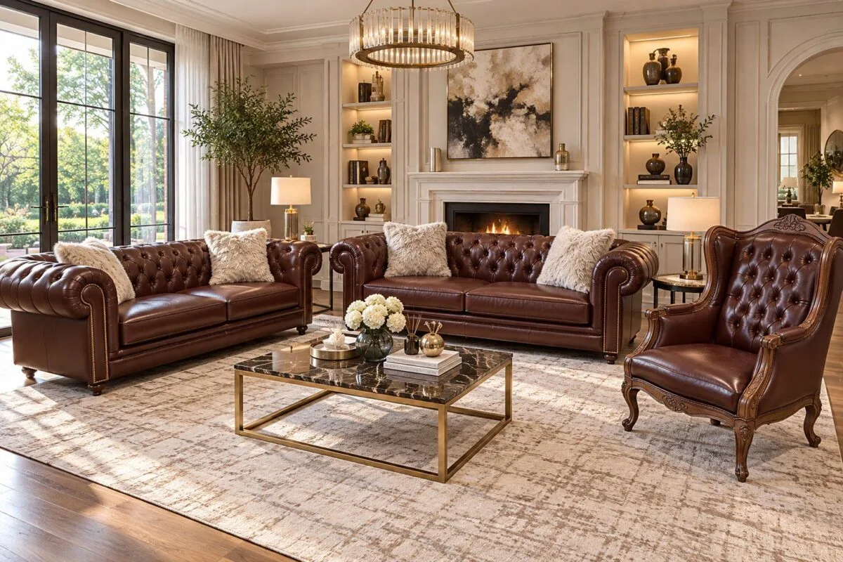 Castello 3+3+1 burgundy faux leather Chesterfield sofa set with tufted wingback armchair in a luxury living room – Ferozzi furniture store Atlanta