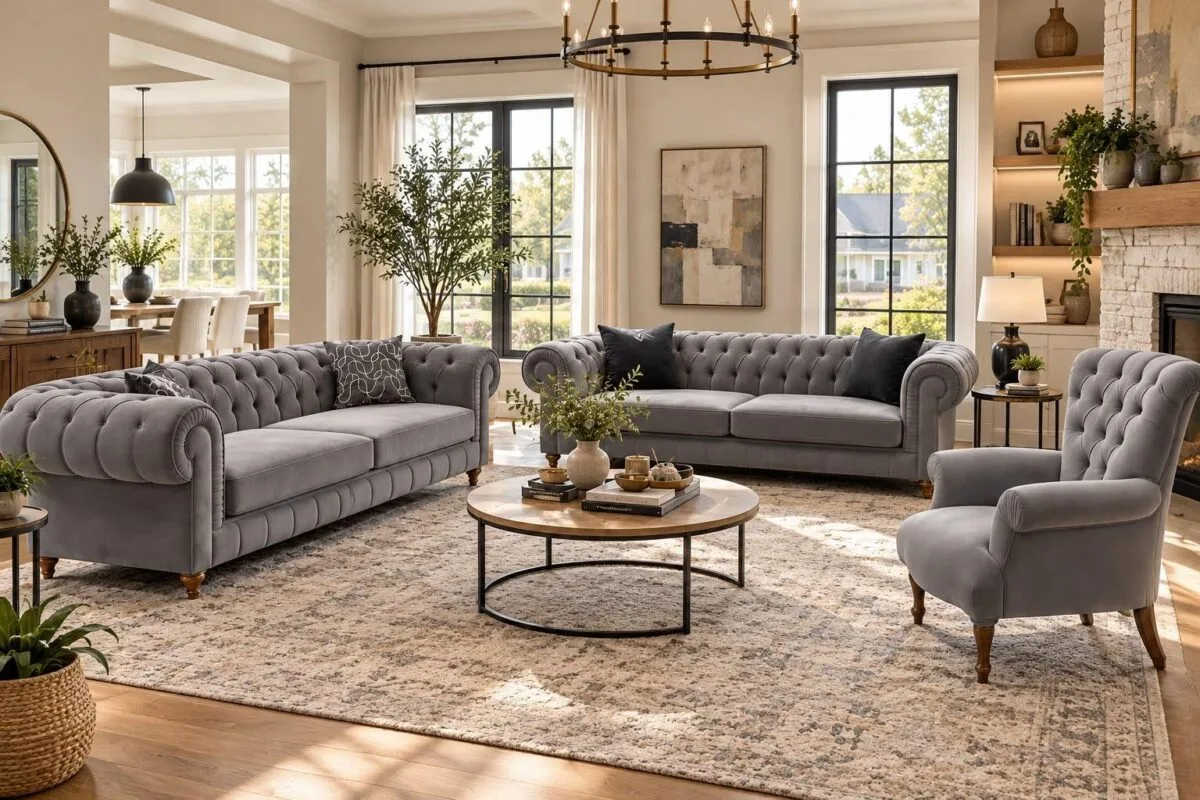 Castello Sofa Set in gray Chesterfield velvet, styled in an elegant living room — Ferozzi