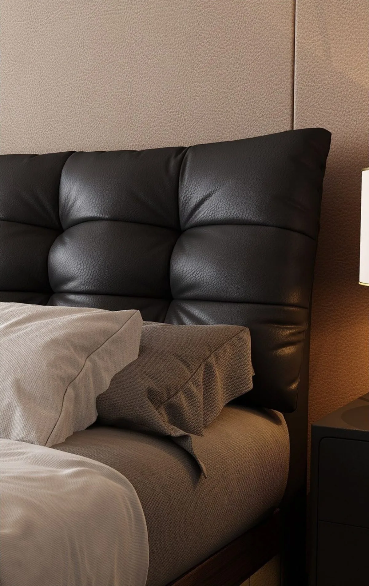 Ferozzi Chelsea Bed with Nightstands – headboard detail, 2027 Collection with walnut details