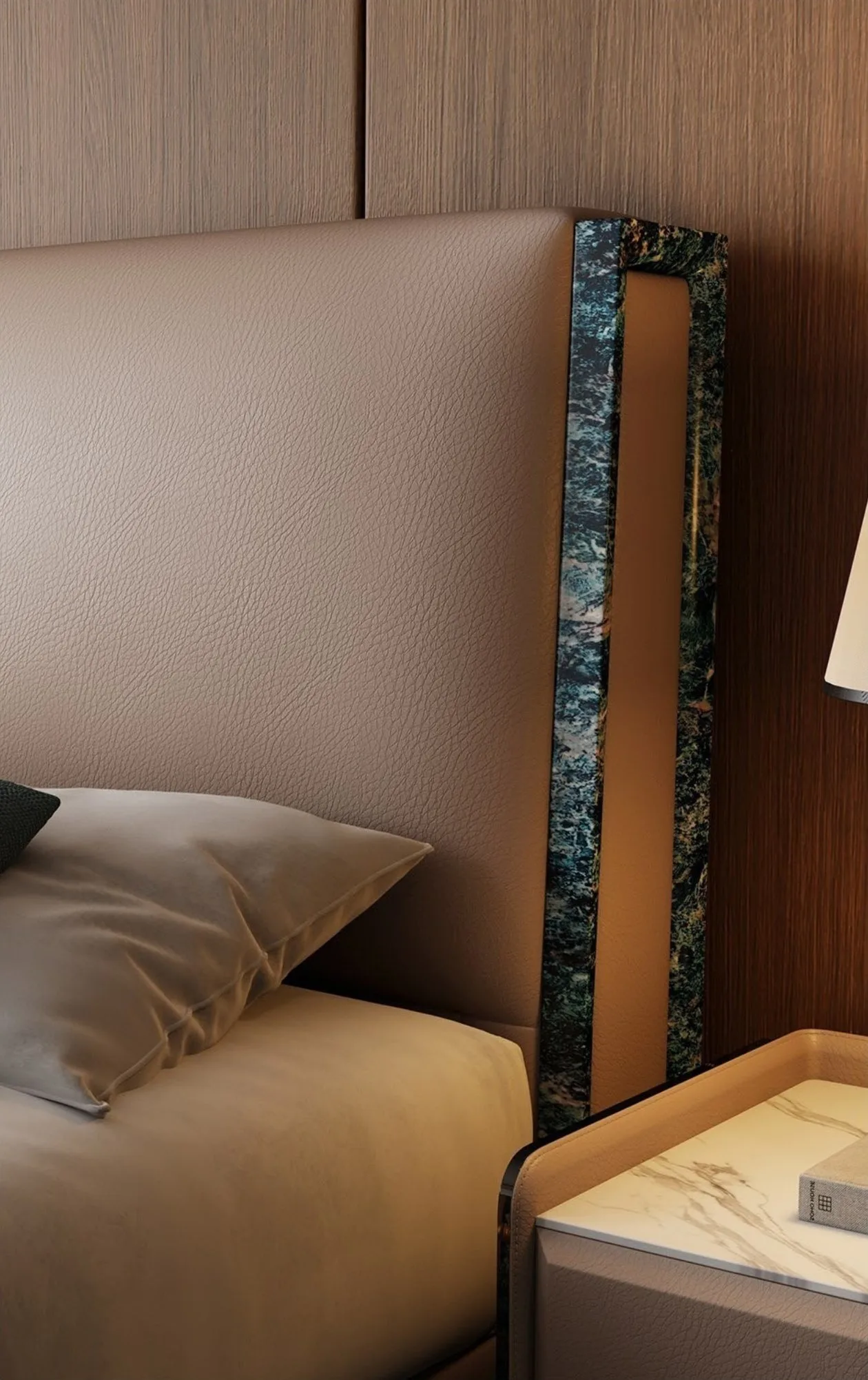Ferozzi Coronado Bed with Nightstands – headboard detail, 2027 Collection with walnut details