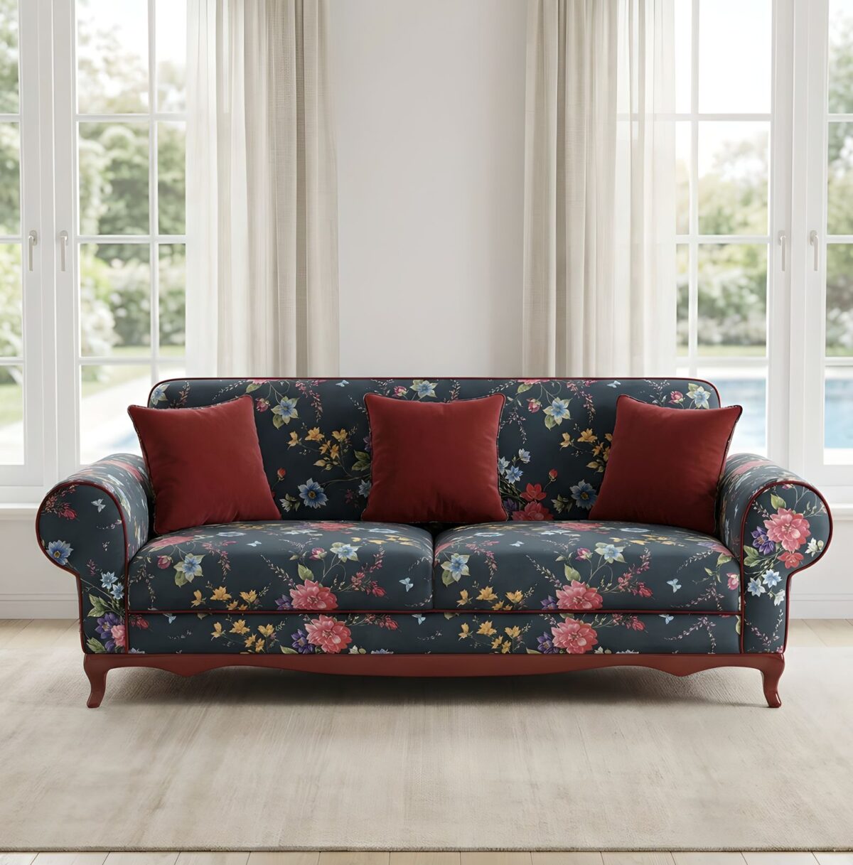 Ferro navy floral 3-seater sofa with carved wood legs and red velvet pillows – Ferozzi