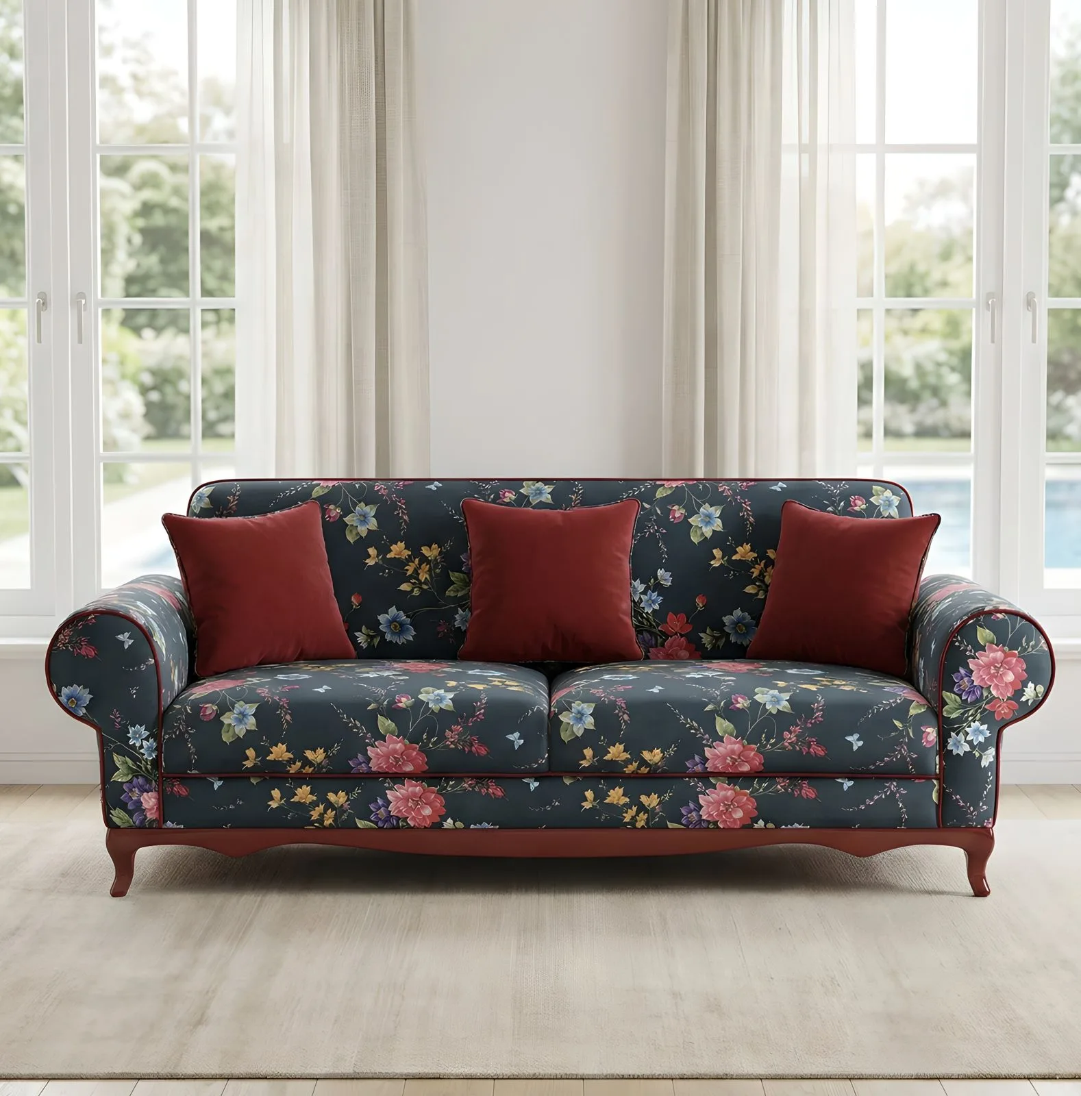 Ferro navy floral 3-seater sofa with carved wood legs and red velvet pillows – Ferozzi