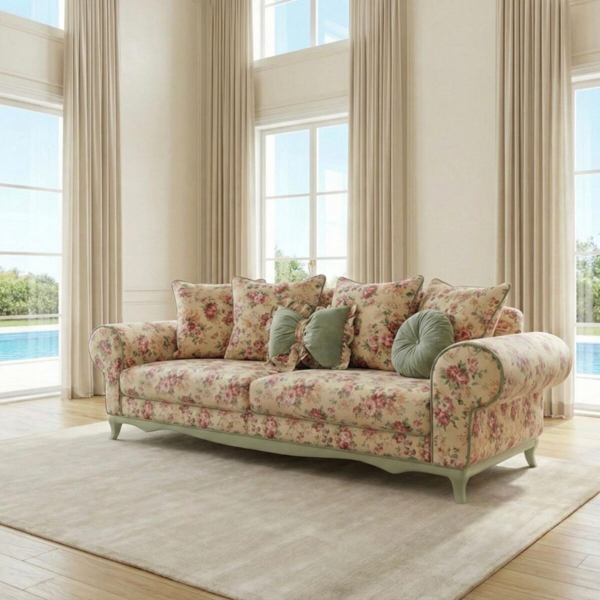 Ferro pink floral 3-seater sofa with sage green carved legs – Ferozzi