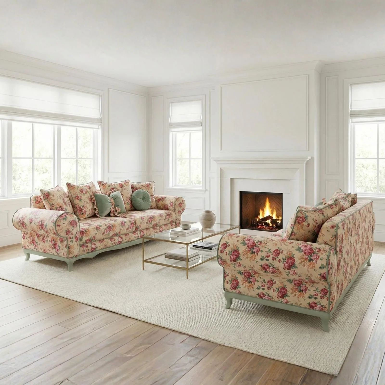 Ferro pink floral 3-seater sofa and armchair by the fireplace – Ferozzi