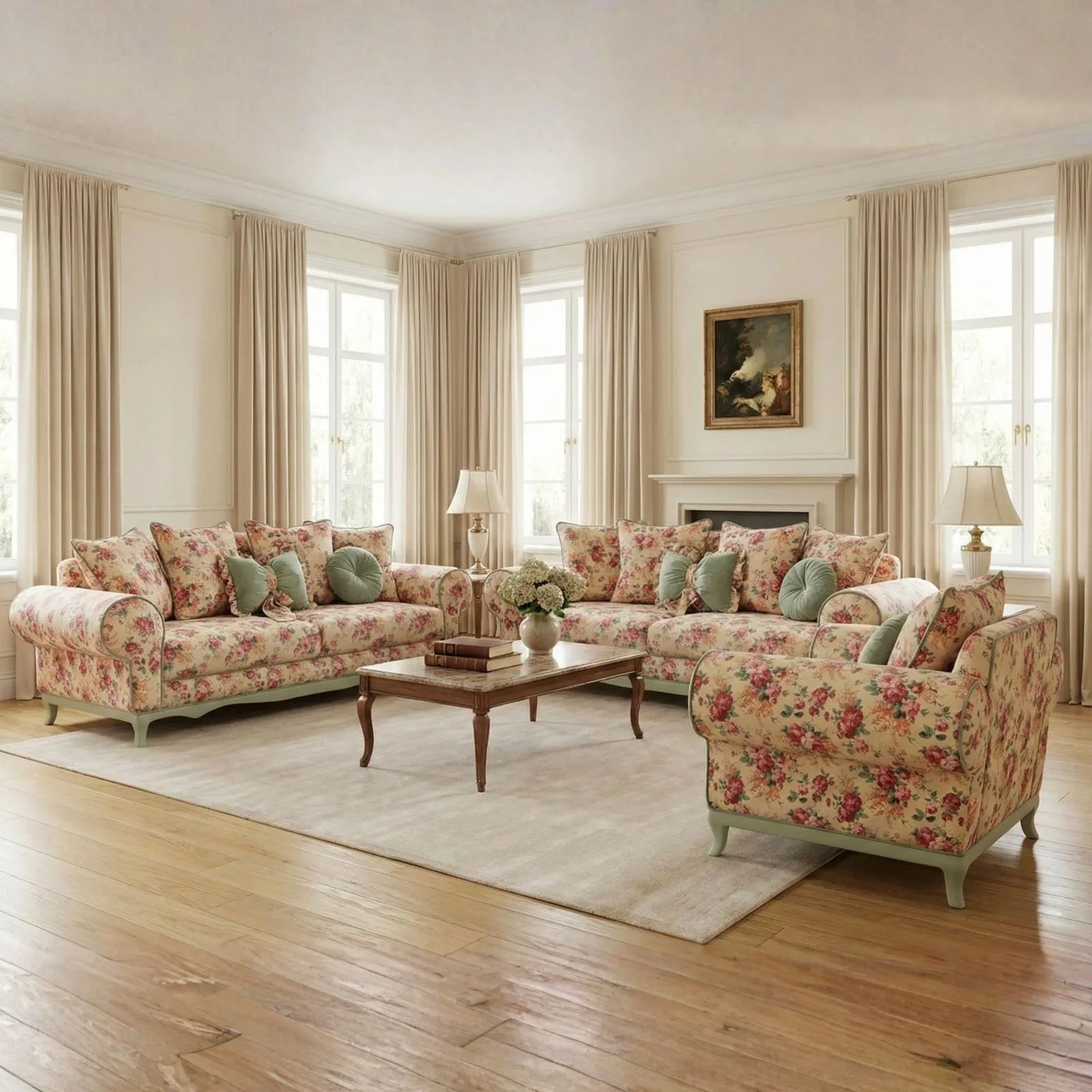 Ferro pink floral sofa and armchair set in a traditional living room – Ferozzi