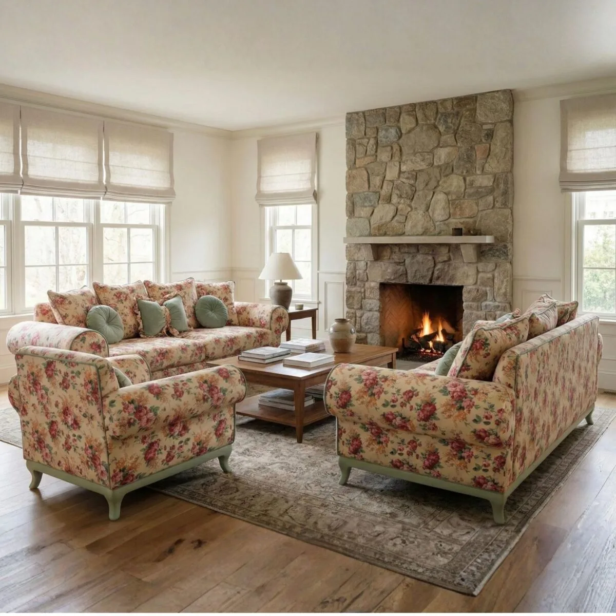 Ferro pink floral sofa set in a living room with stone fireplace – Ferozzi