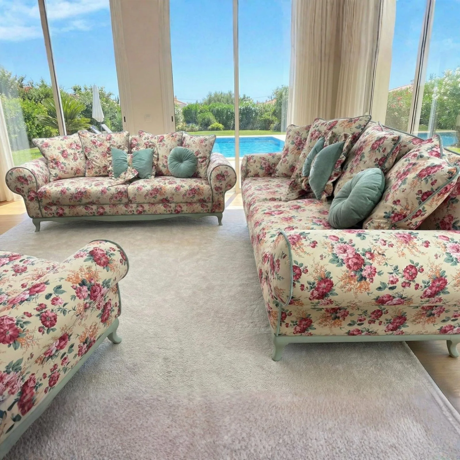 Ferro pink floral sofa set with pool view – Ferozzi furniture
