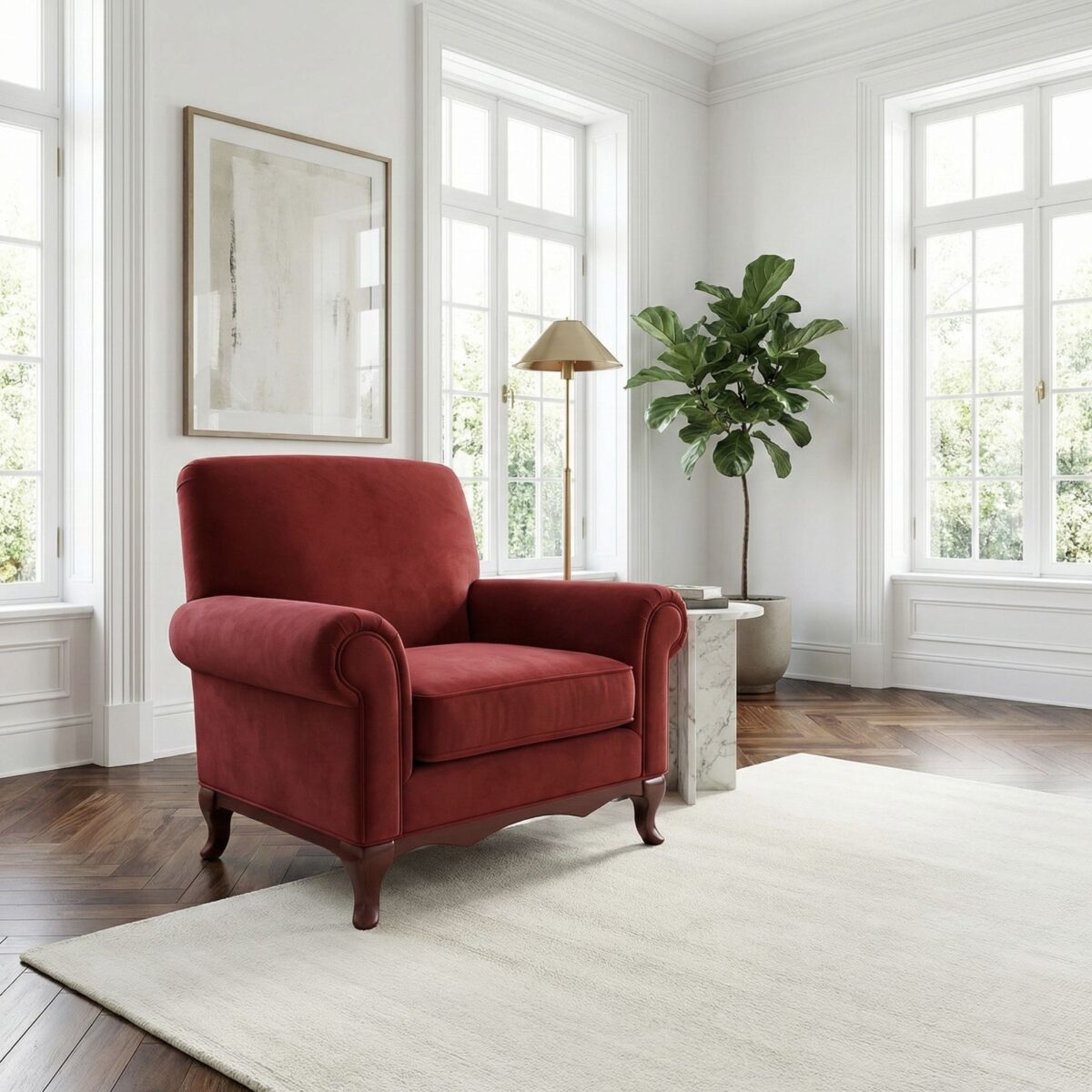 Ferro red velvet rolled-arm armchair with carved wood legs – Ferozzi furniture