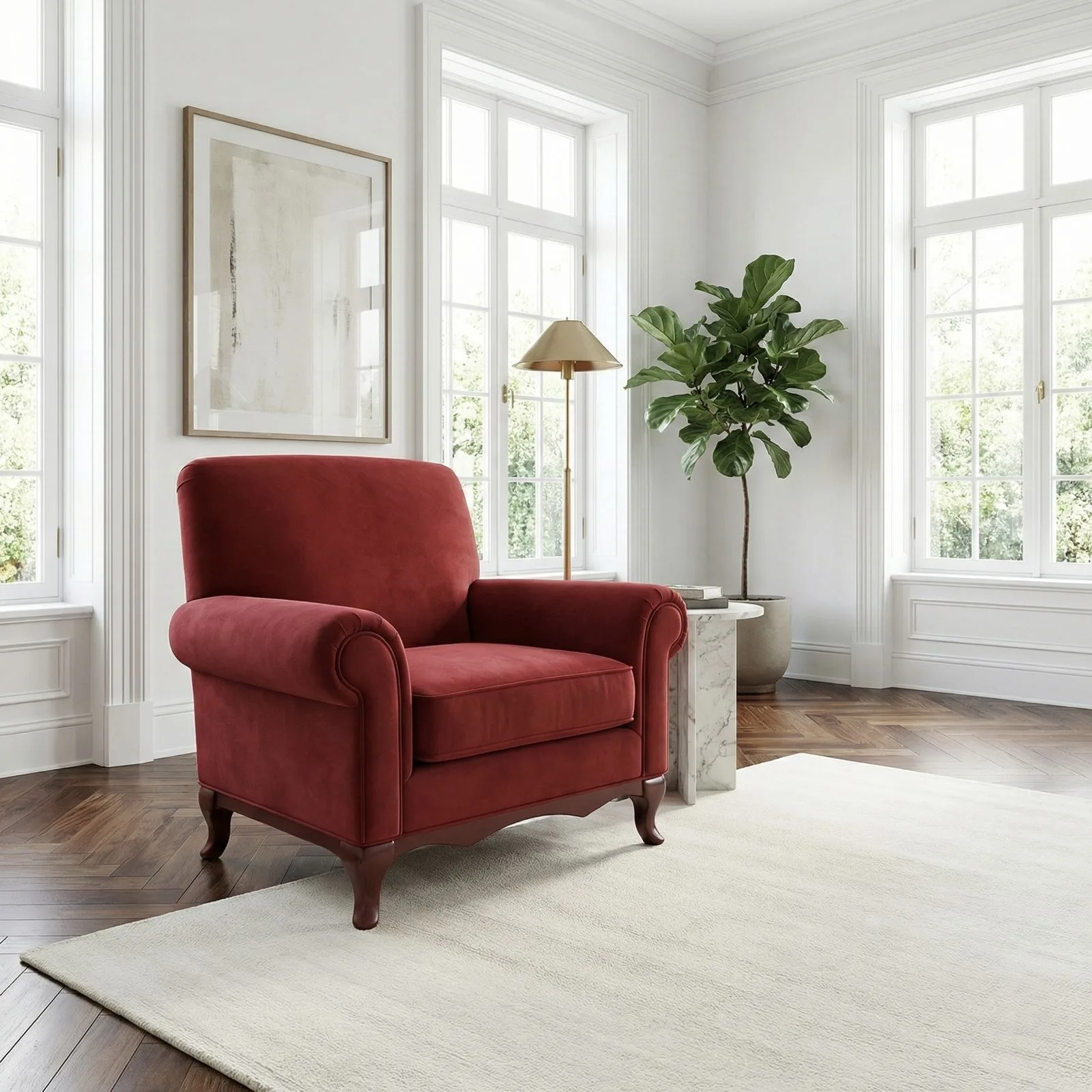 Ferro red velvet rolled-arm armchair with carved wood legs – Ferozzi furniture