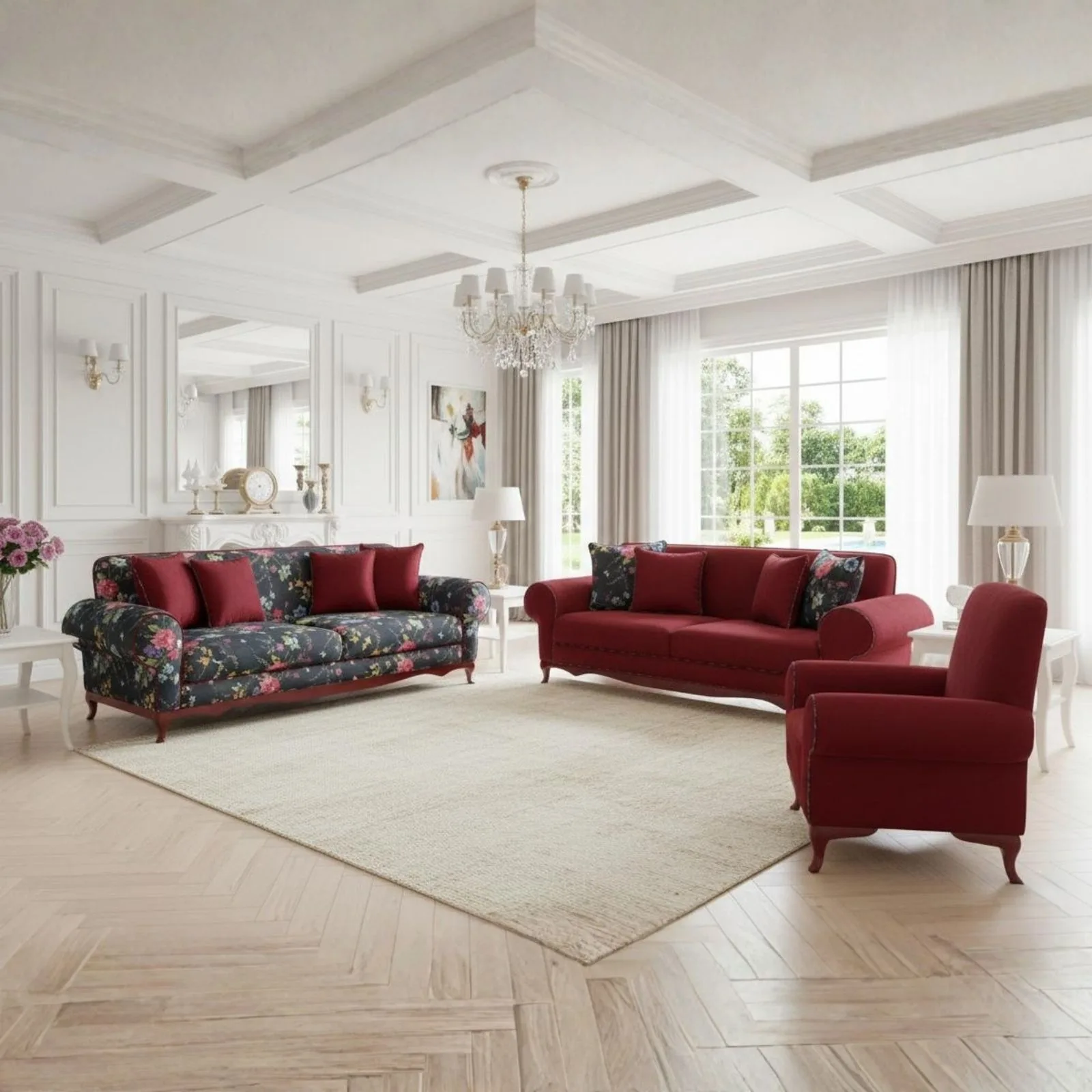 Ferro red velvet and navy floral sofa set in an elegant living room with fireplace – Ferozzi