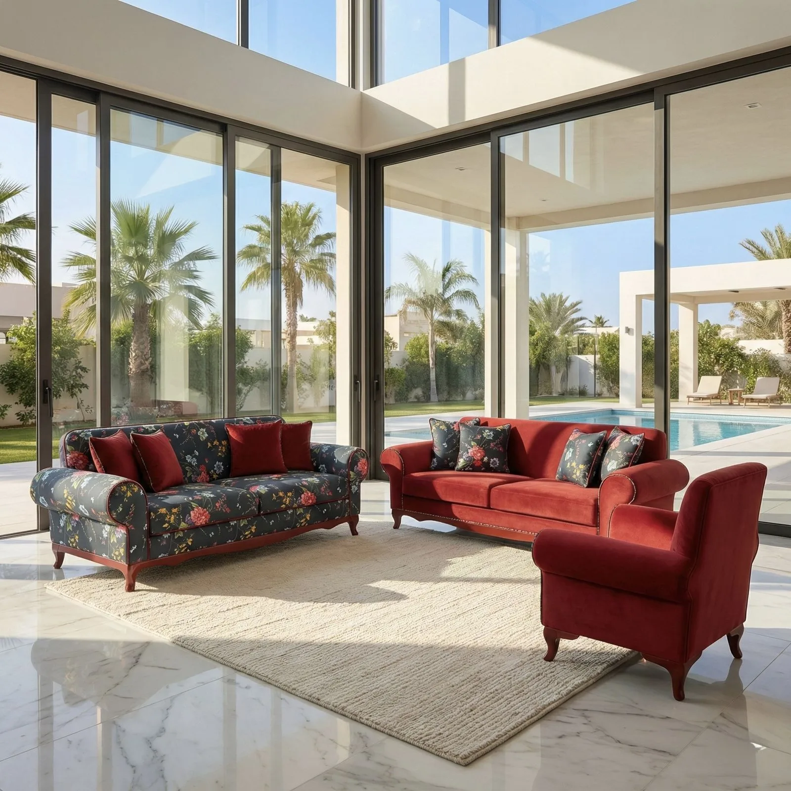 Ferro red velvet and navy floral sofa set in a modern villa living room – Ferozzi