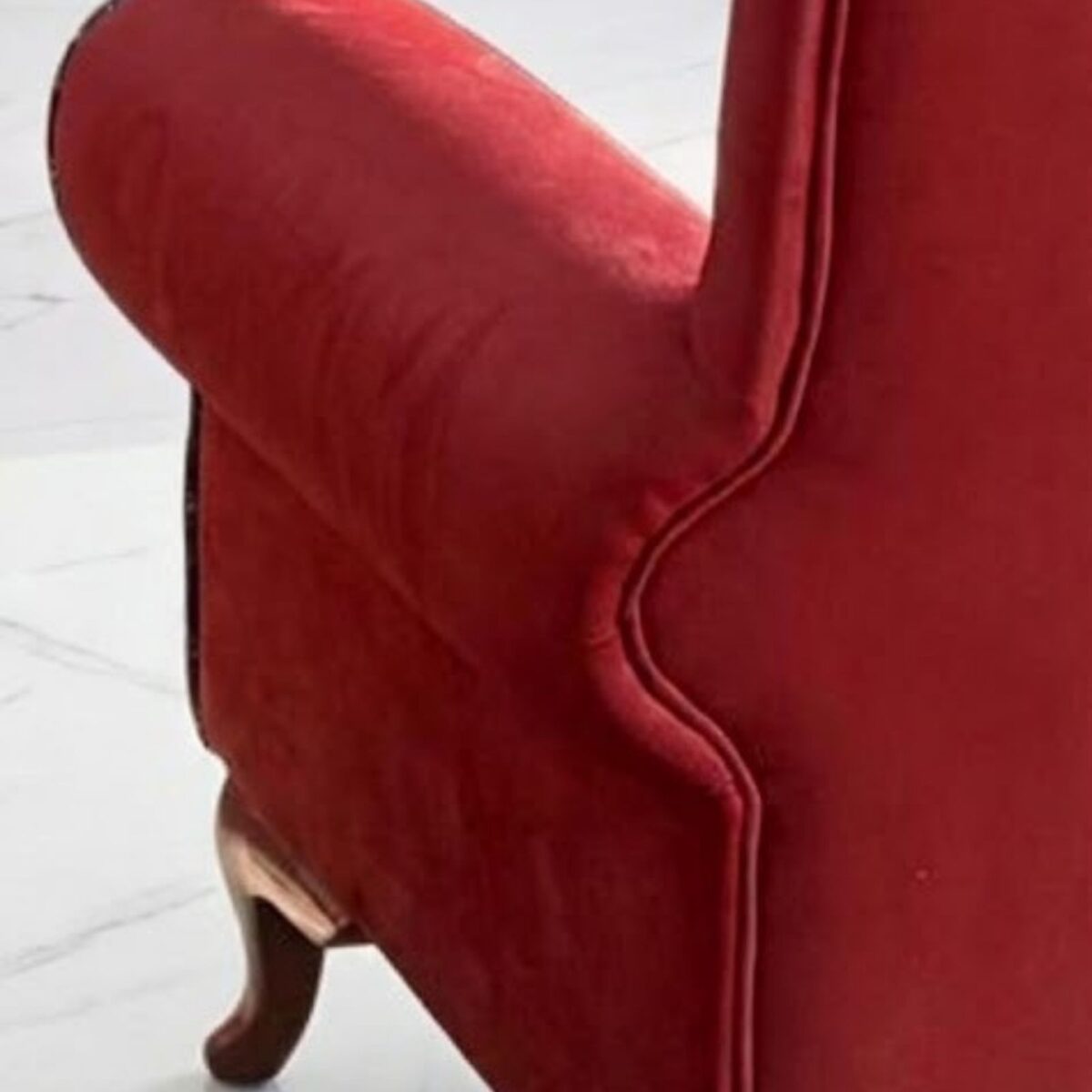 Ferro red velvet sofa rolled arm detail – Ferozzi handcrafted sofa