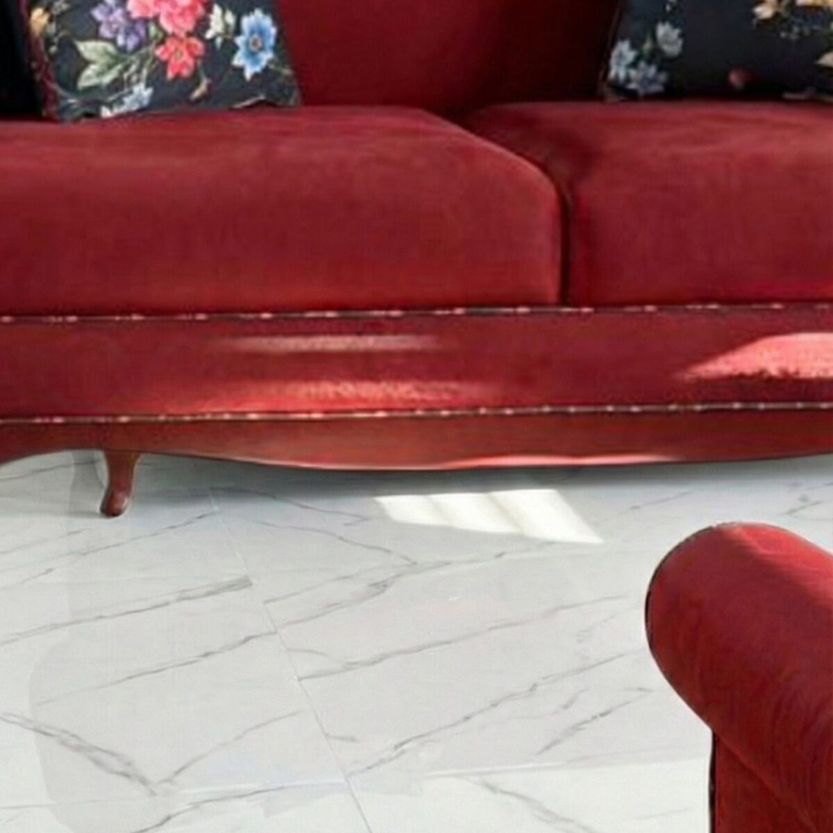 Ferro red velvet sofa carved wood legs detail – Ferozzi handcrafted sofa