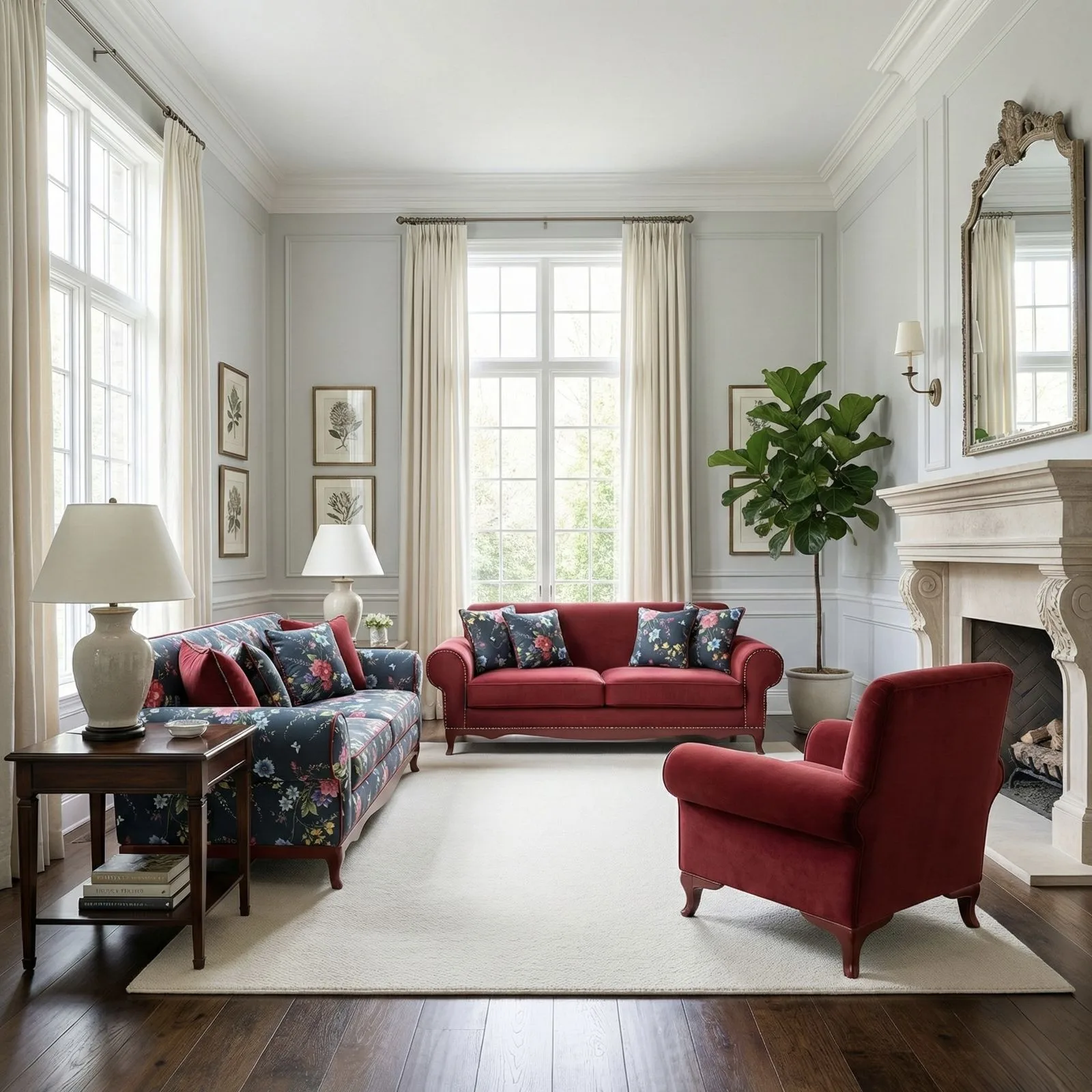 Ferro red velvet sofa set with navy floral sofa in a classic interior with chandelier – Ferozzi Alpharetta