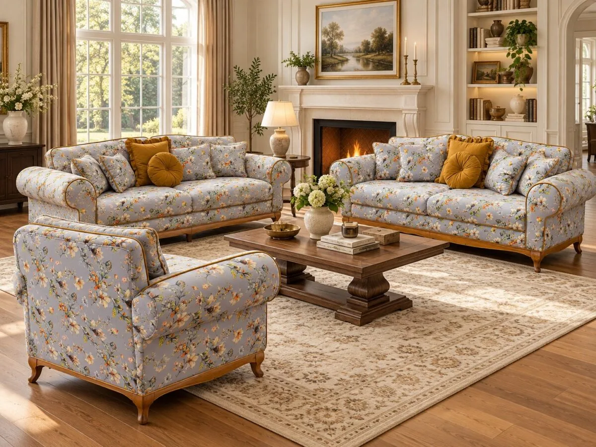 Ferro 3+3+1 sofa set in gray floral fabric with gold piping and carved wood legs in a classic living room – Ferozzi
