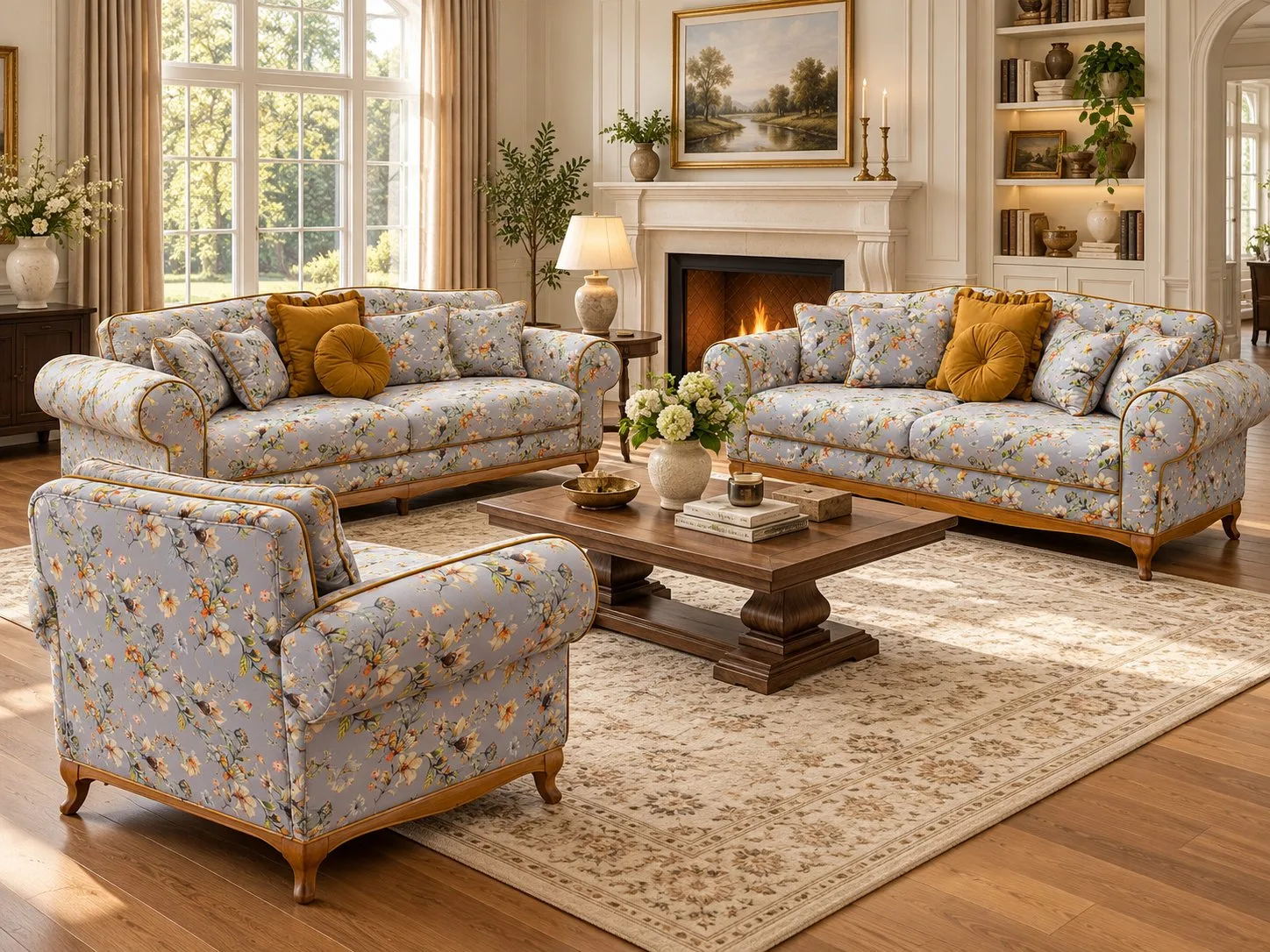 Ferro 3+3+1 sofa set in gray floral fabric with gold piping and carved wood legs in a classic living room – Ferozzi