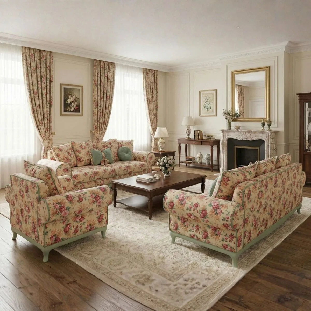 Ferro 3+3+1 sofa set in pink floral fabric with armchair in a classic living room – Ferozzi furniture Atlanta
