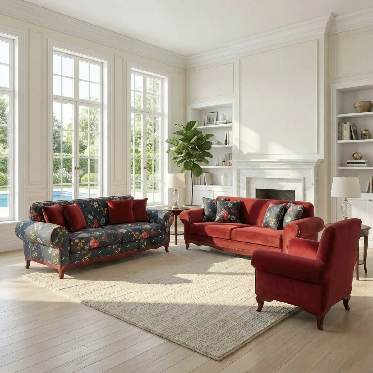 Ferro 3+3+1 sofa set in red velvet with navy floral 3-seater sofa and red velvet armchair in a bright living room – Ferozzi Atlanta