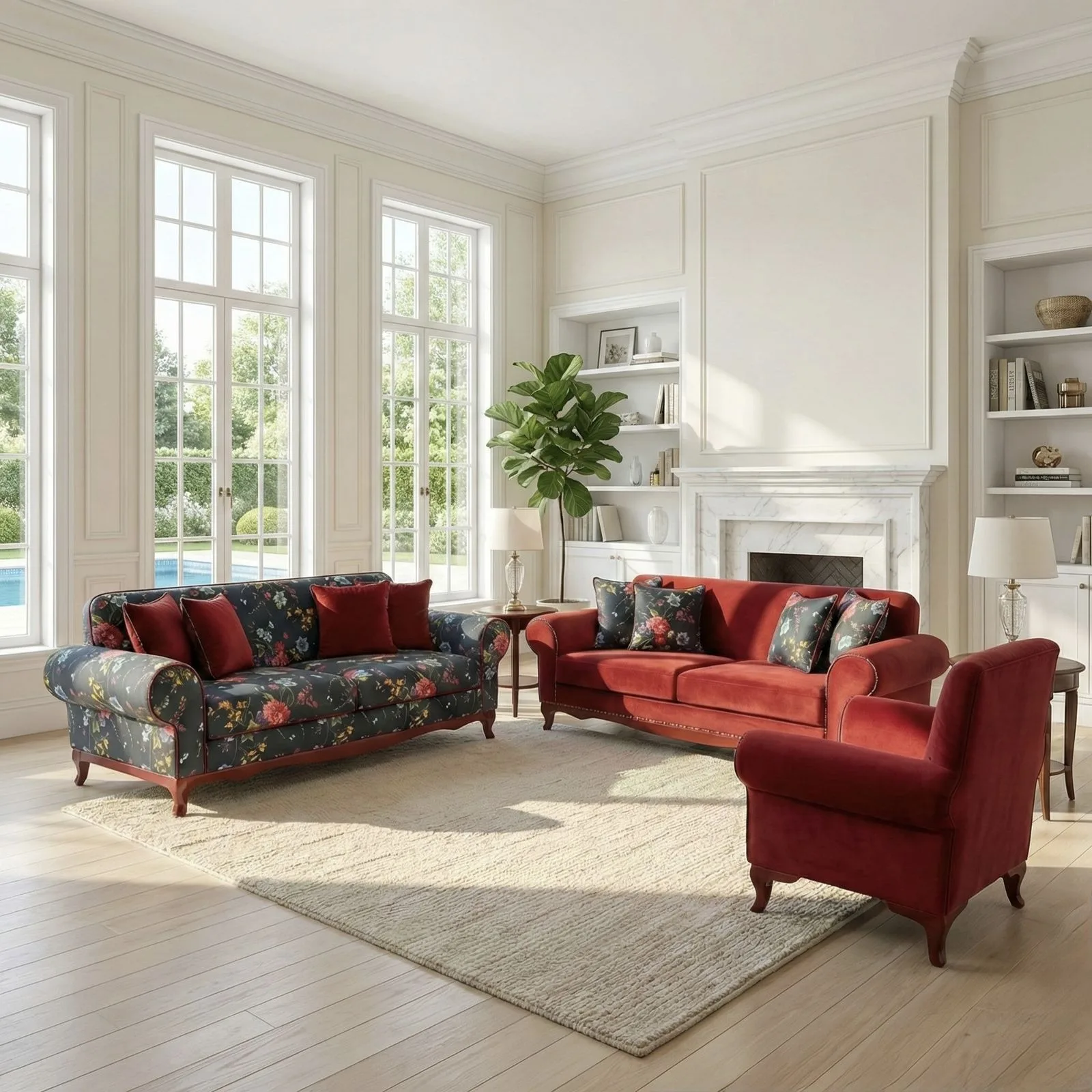 Ferro 3+3+1 sofa set in red velvet with navy floral 3-seater sofa and red velvet armchair in a bright living room – Ferozzi Atlanta