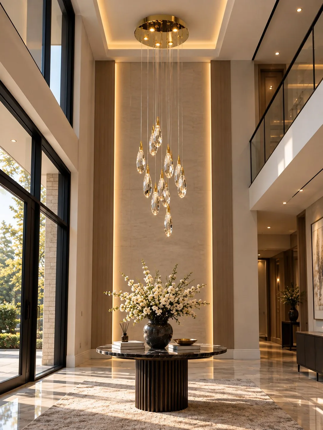 Goccia Teardrop Cascade Chandelier – modern cascade chandelier in a double-height foyer | Ferozzi, Atlanta & Alpharetta