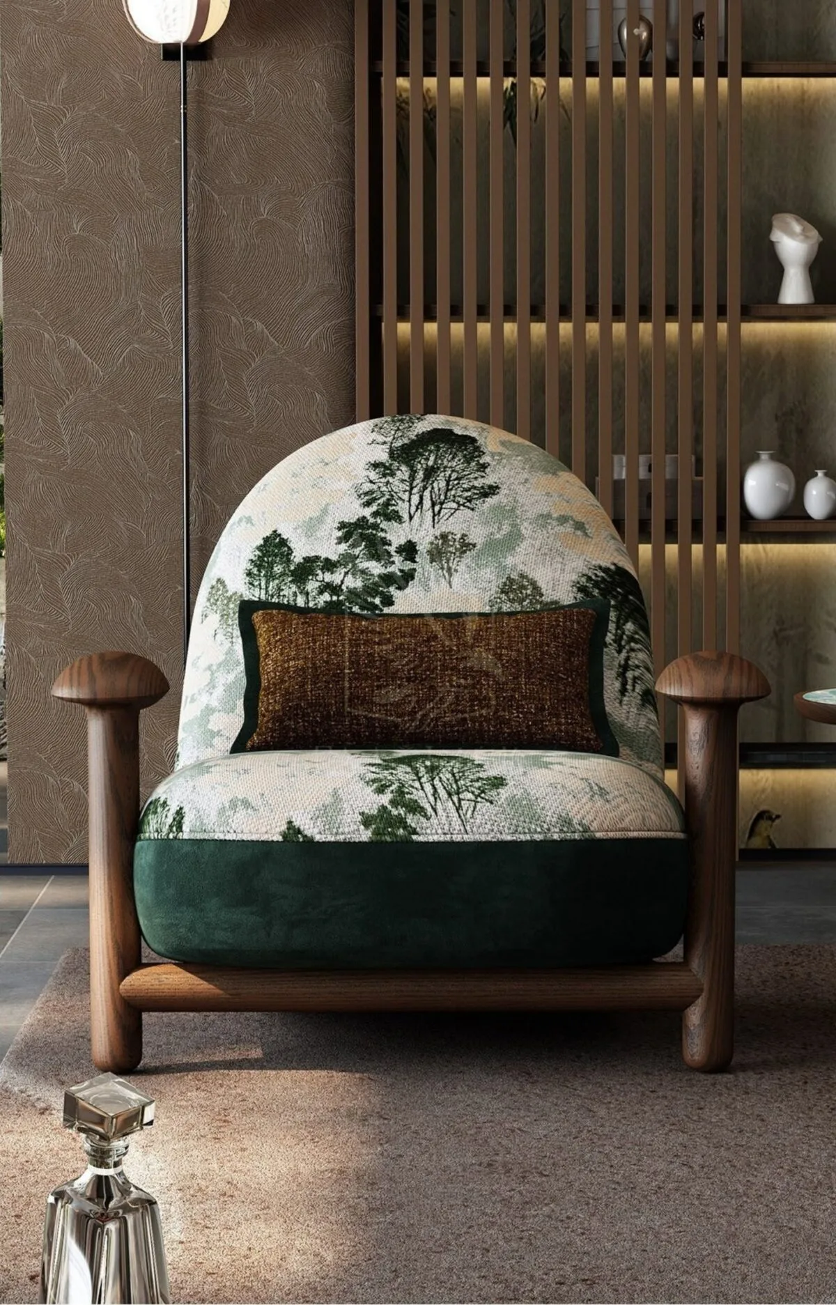 Ferozzi Grove Lounge Chair – front view, 2027 Collection with walnut details