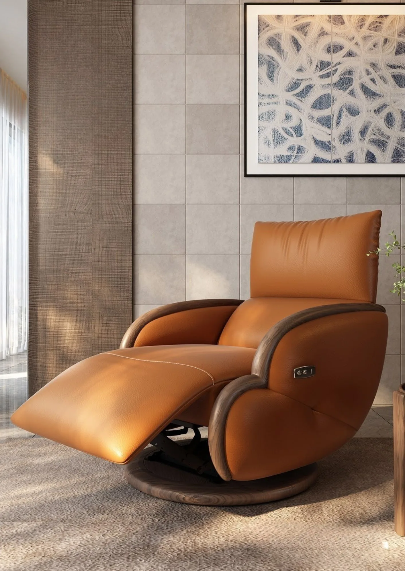 Ferozzi Harper Swivel Recliner – reclined position, 2027 Collection with walnut details