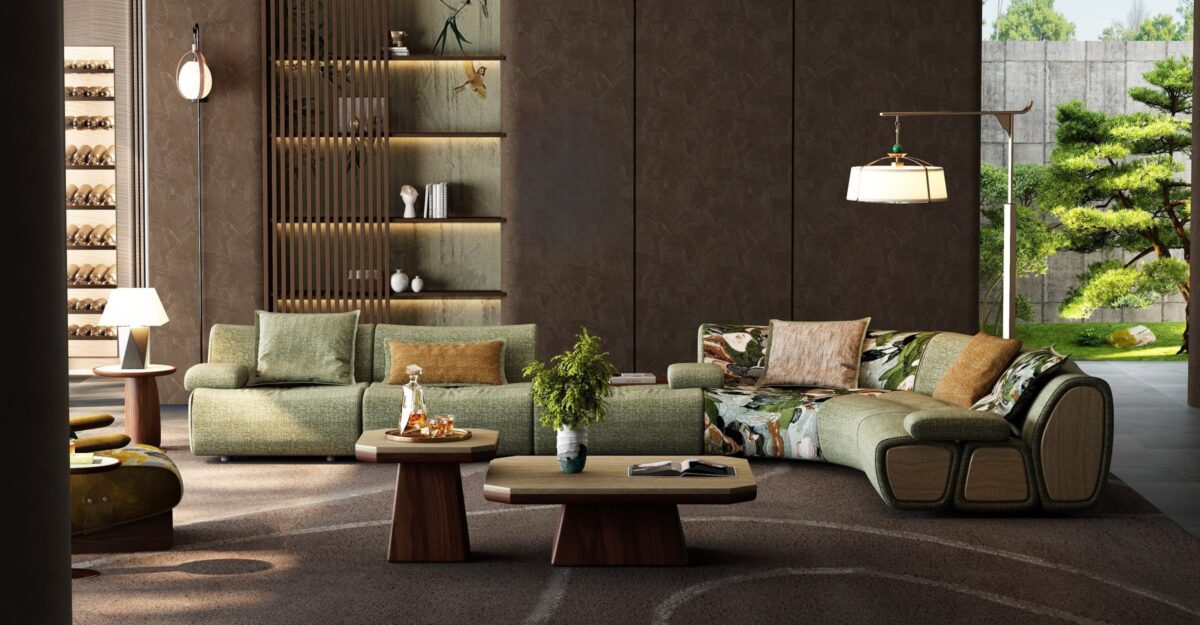 Ferozzi Highland Sectional, 2027 Collection with walnut details