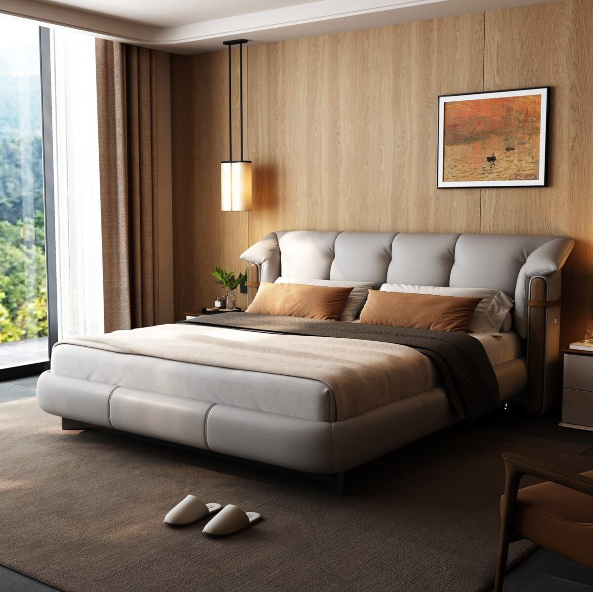 Ferozzi Hudson Bed with Nightstands – gray botanical colorway, 2027 Collection with walnut details