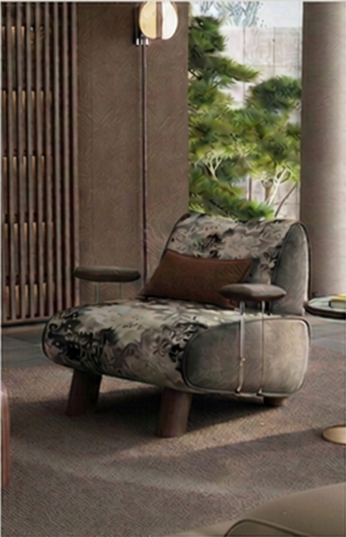 Ferozzi Lotus Lounge Chair – gray botanical colorway, 2027 Collection with walnut details