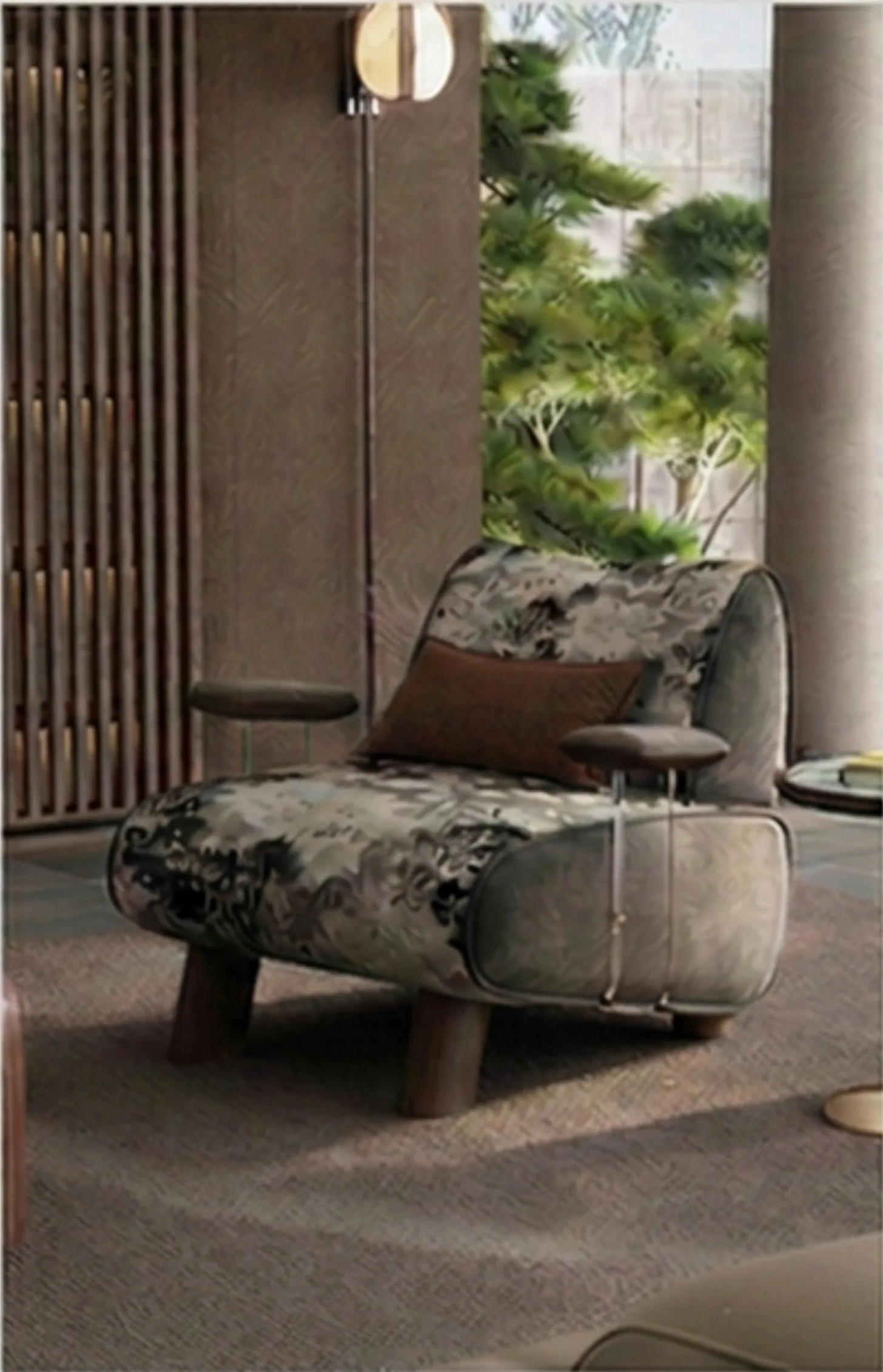 Ferozzi Lotus Lounge Chair – gray botanical colorway, 2027 Collection with walnut details