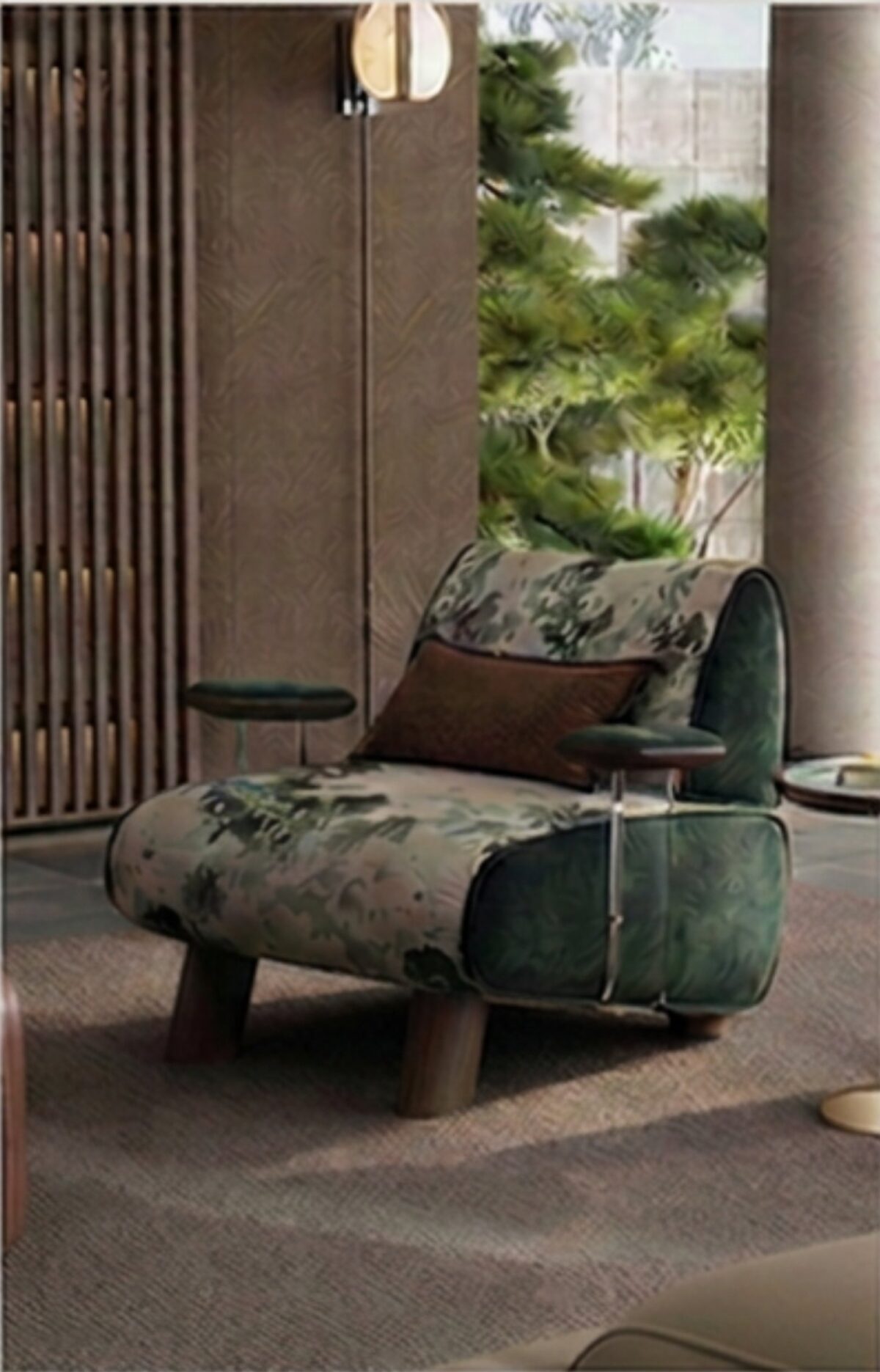Ferozzi Lotus Lounge Chair – green botanical colorway, 2027 Collection with walnut details