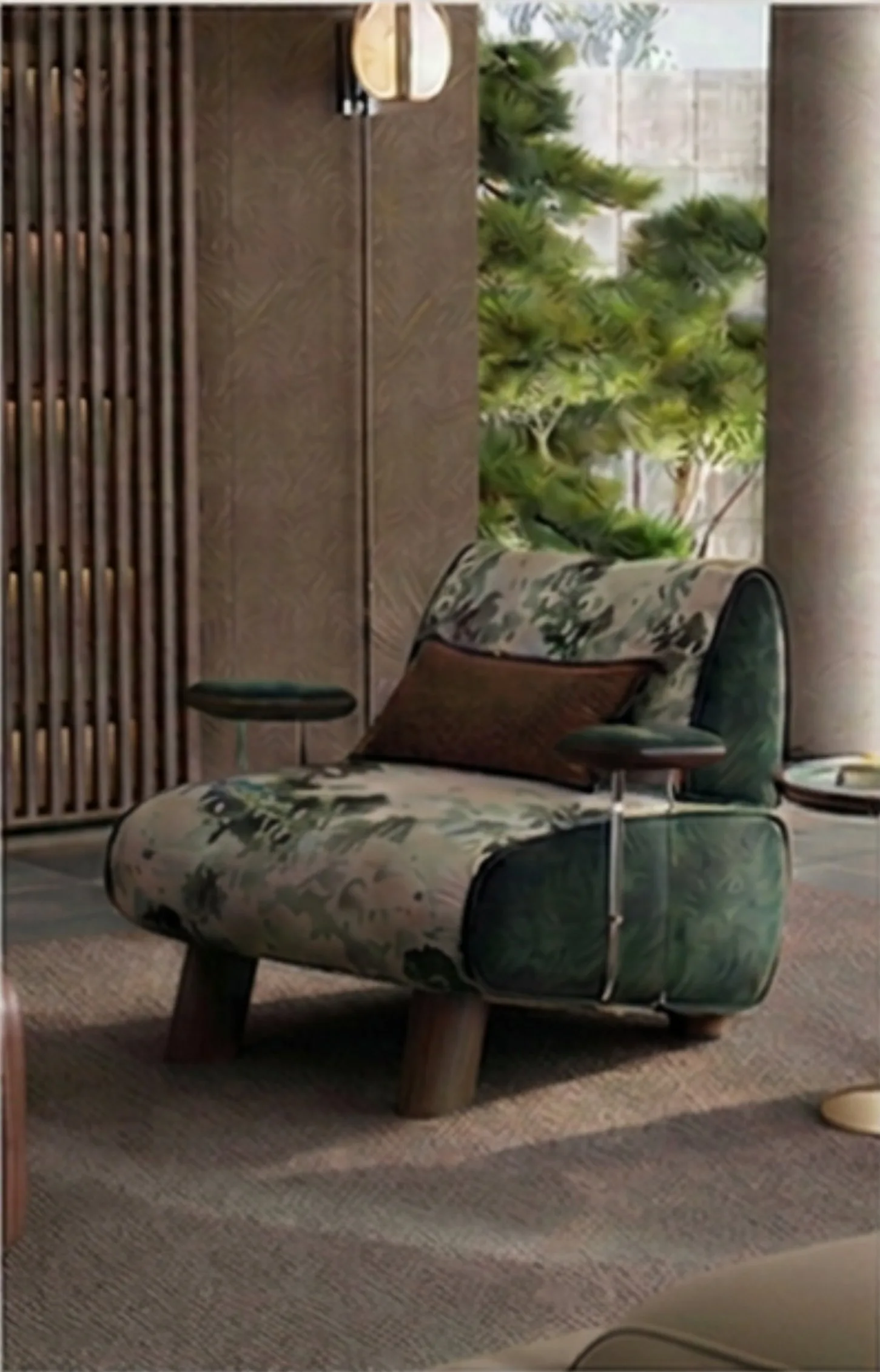 Ferozzi Lotus Lounge Chair – green botanical colorway, 2027 Collection with walnut details