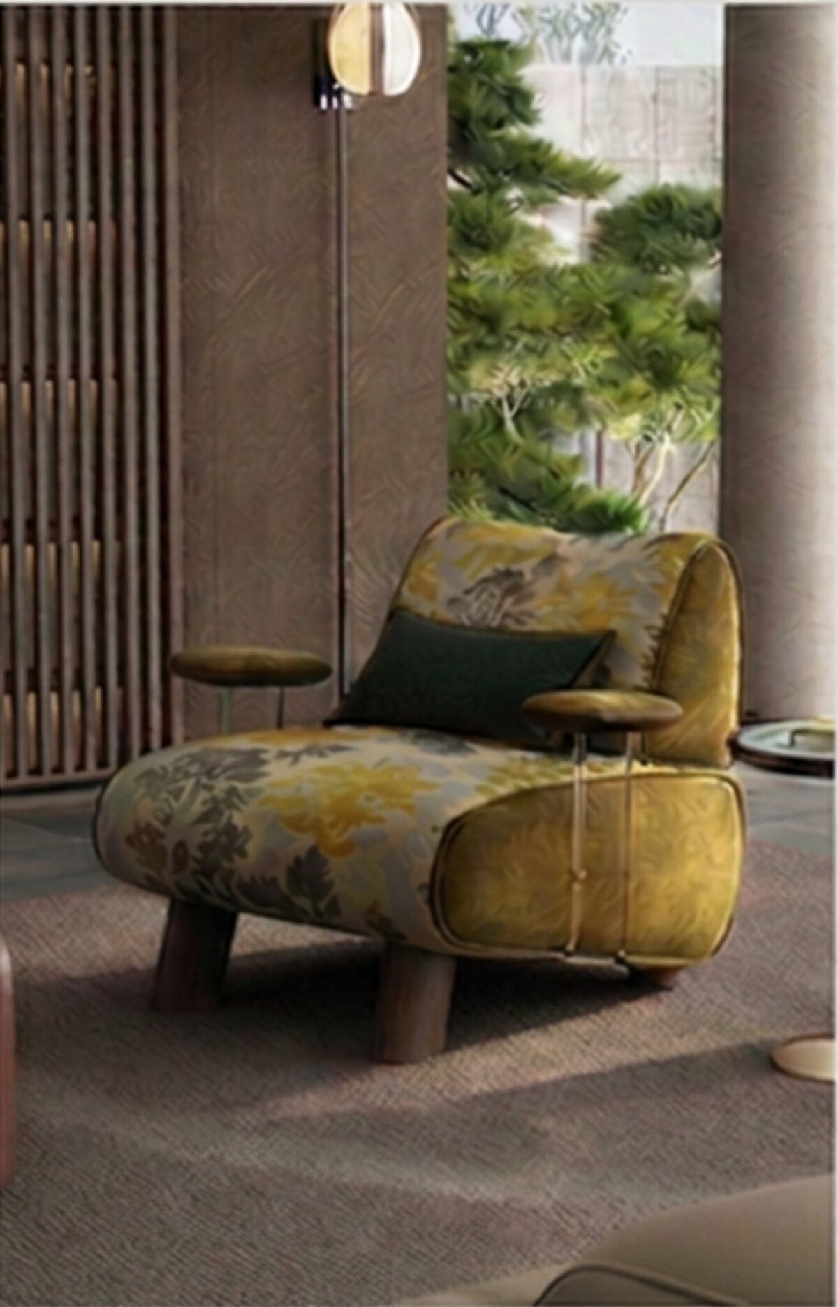 Ferozzi Lotus Lounge Chair – ochre botanical colorway, 2027 Collection with walnut details