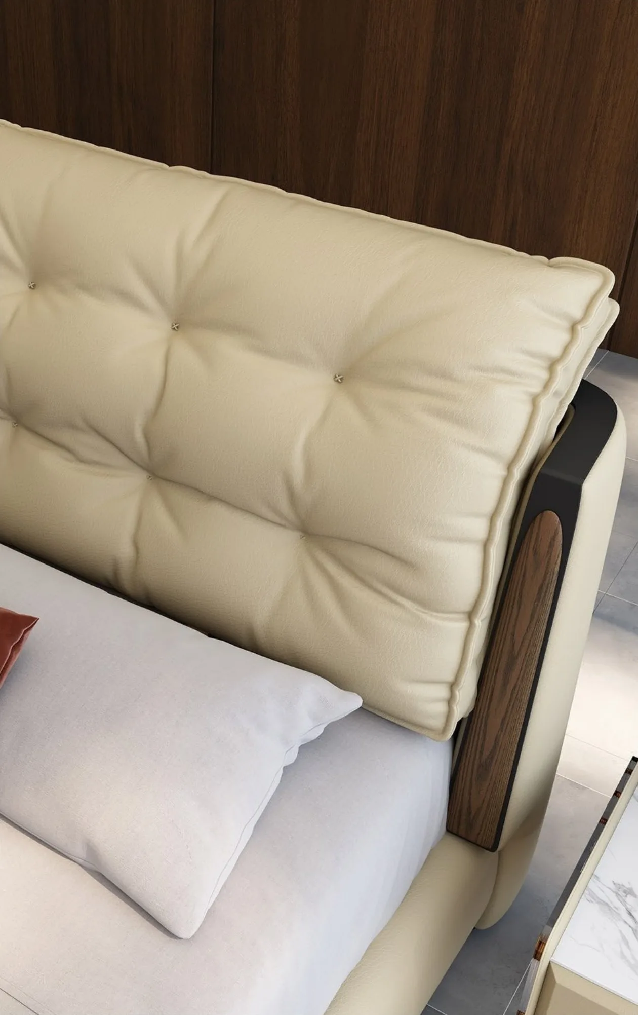 Ferozzi Nantucket Bed with Nightstands – headboard detail, 2027 Collection with walnut details