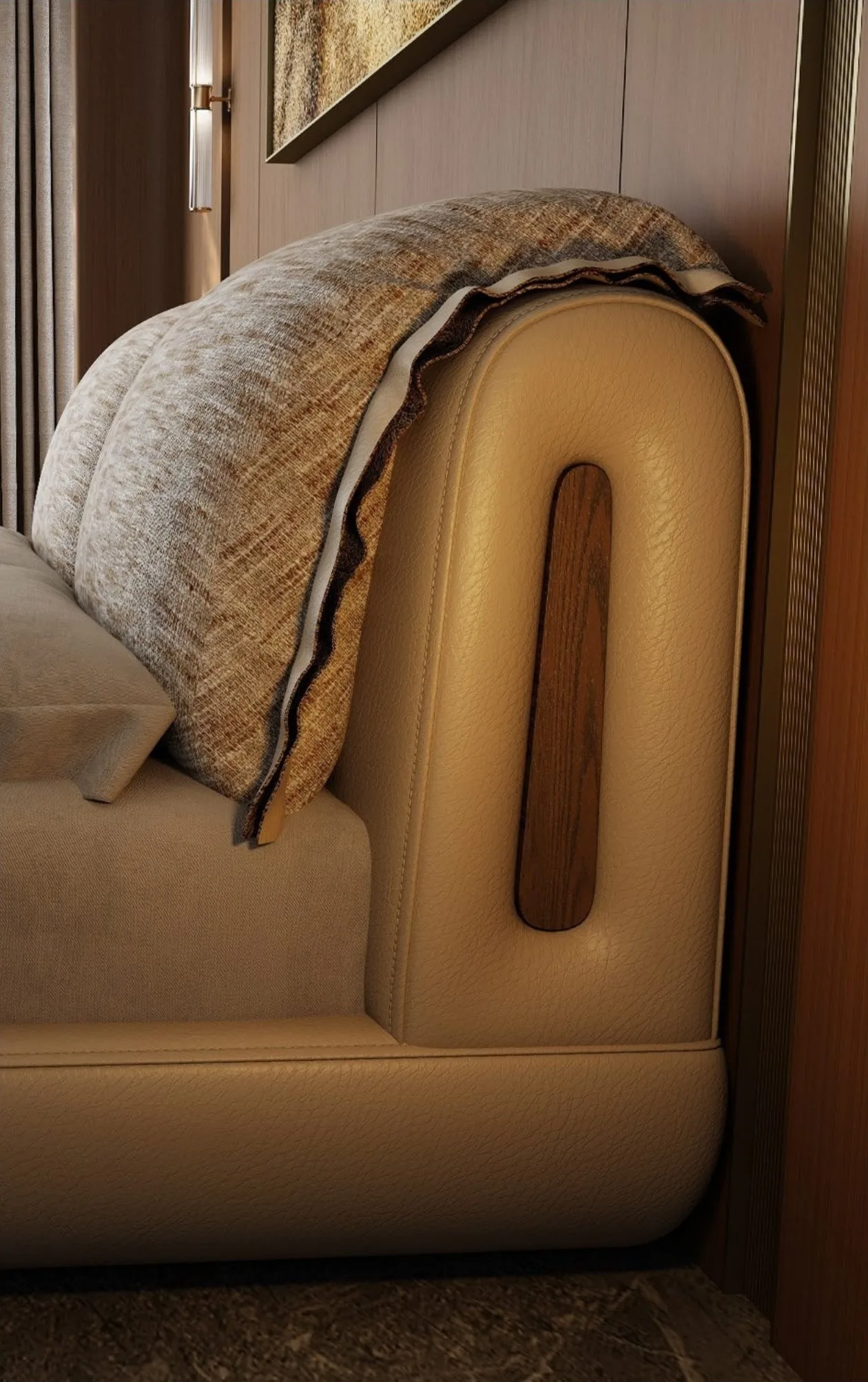 Ferozzi Napa Bed with Nightstands – headboard detail, 2027 Collection with walnut details
