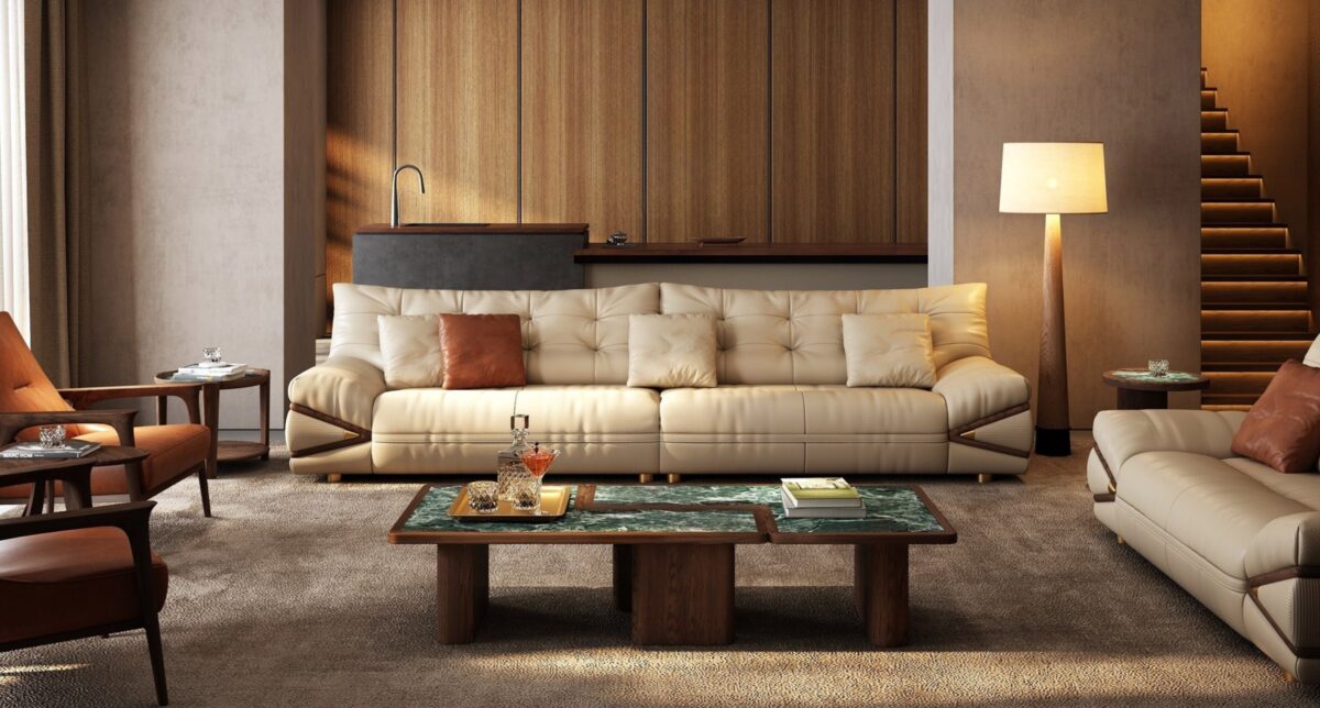 Ferozzi Newport Sofa, 2027 Collection with walnut details